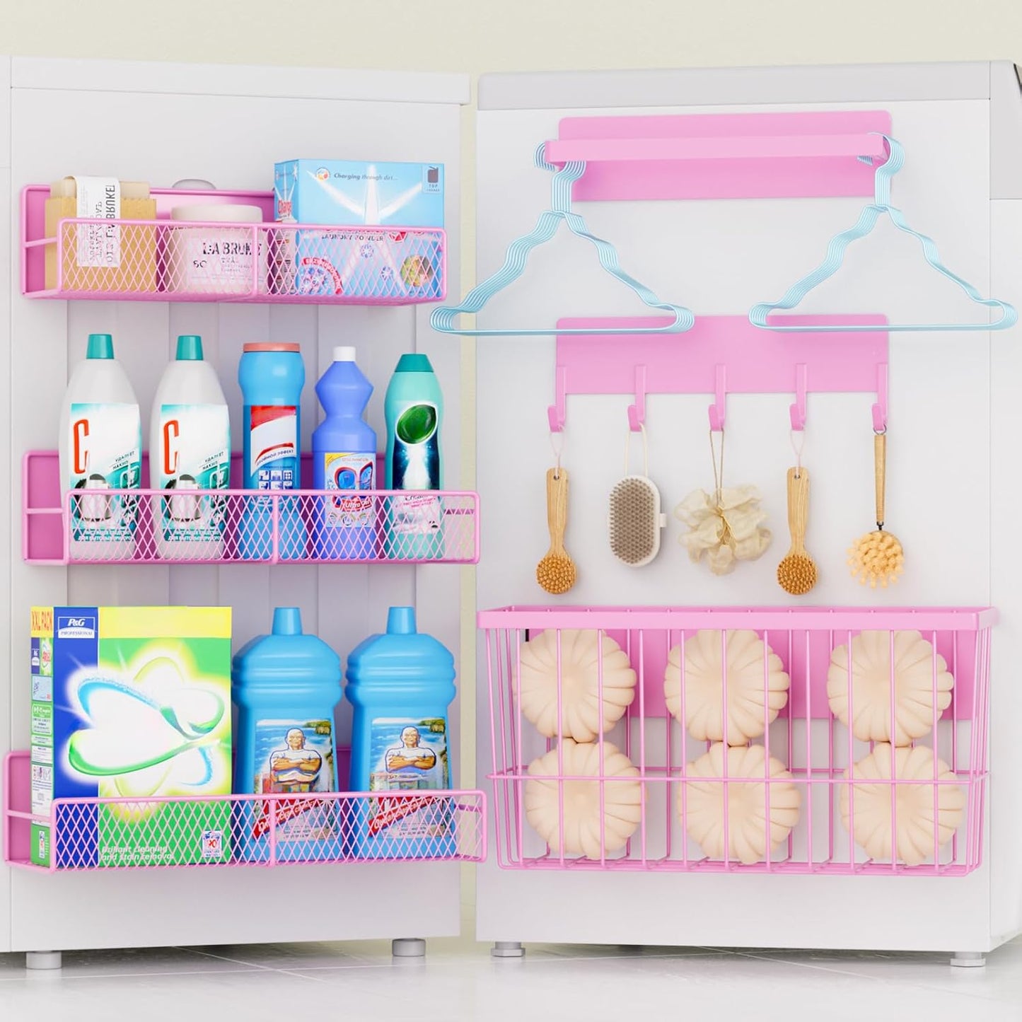 6-Pack Magnetic Shelves for Washing Machine & Refrigerator, Heavy-Duty Laundry Organizer with Hanger Holder & Deep Baskets, Metal Storage System for Laundry Room (Pink)