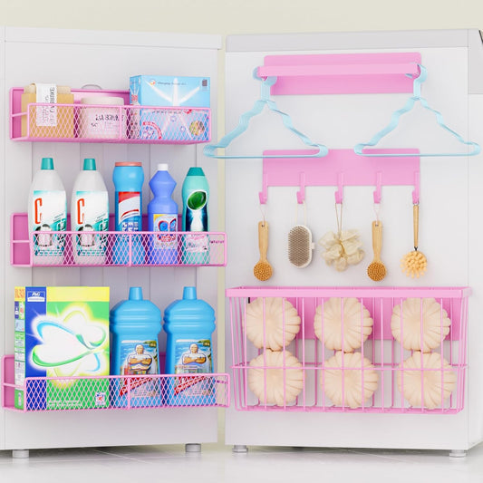 6-Pack Magnetic Shelves for Washing Machine & Refrigerator, Heavy-Duty Laundry Organizer with Hanger Holder & Deep Baskets, Metal Storage System for Laundry Room (Pink)