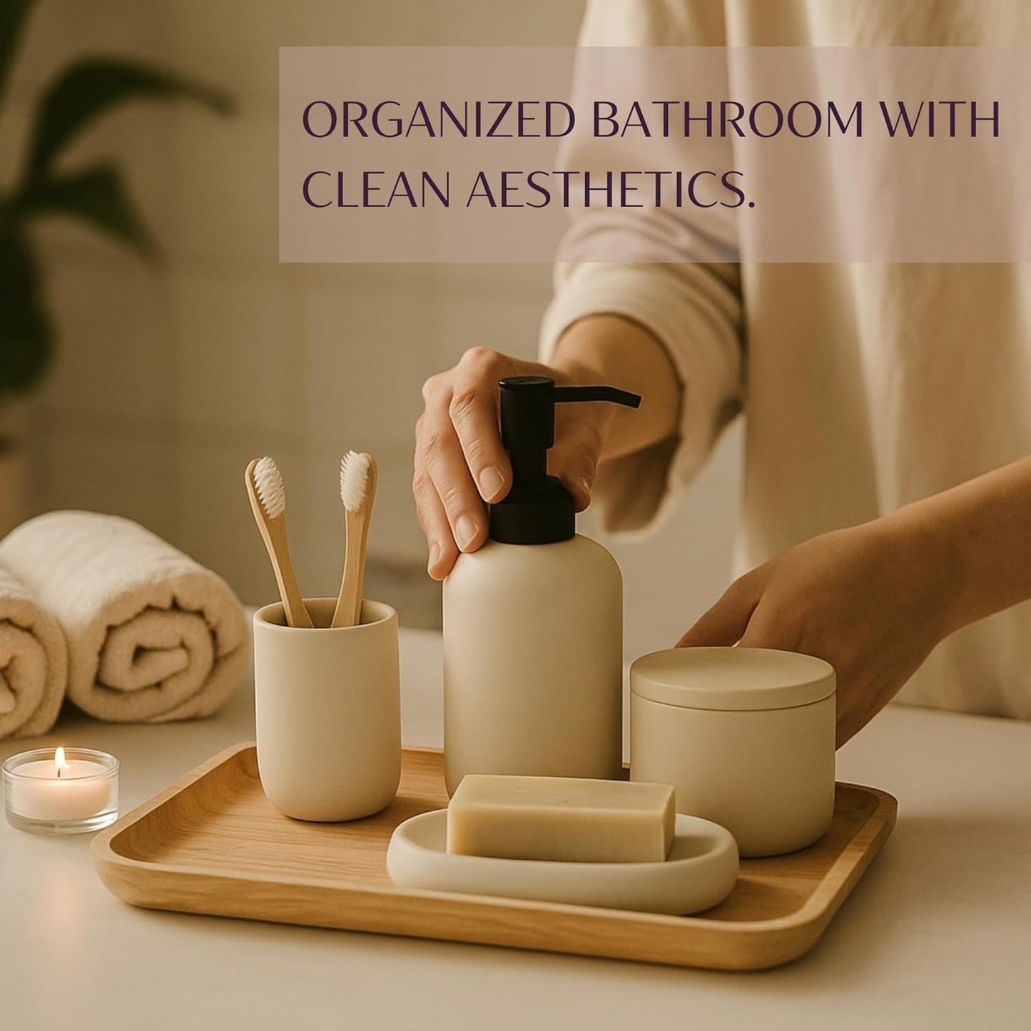 Ceramic Bathroom Accessories Set 4 Pcs – Modern Scandinavian Neutral Bathroom Soap Dispenser Set with Toothbrush Holder, Soap Dish & Cup – Minimalist Bathroom Accessory Set Decor - Cream/Light Beige