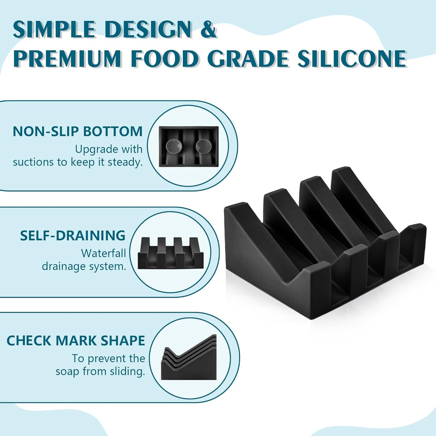 Self Draining Soap Dish,Silicone Suction Cup Soap Holder, Bathroom Soap Dish for Bar Soap,Can Extend Soap Life,Bathroom, Bath Tub, Kitchen Sink (4, Black)