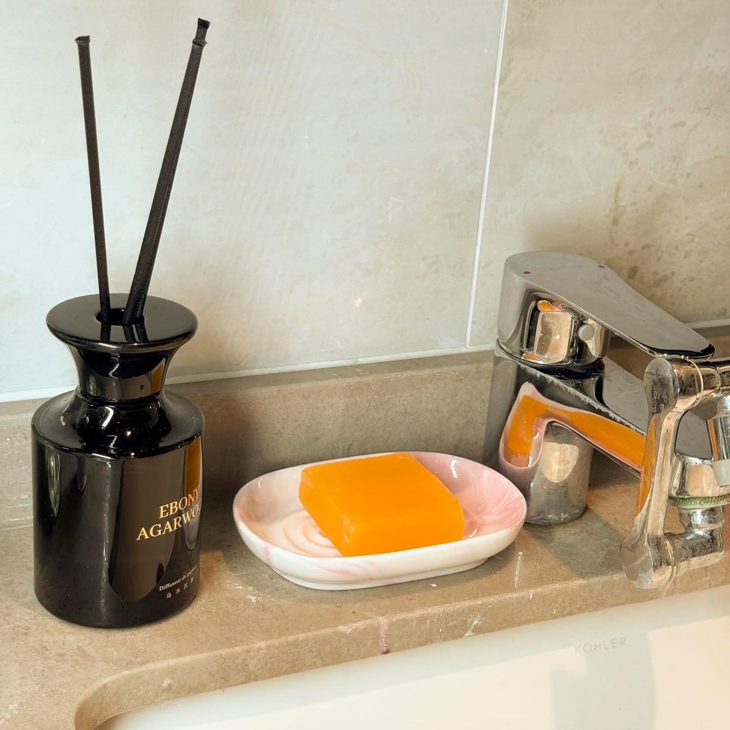 Soap Dish, Ceramic Soap Dish with Marble PatternShower, Soap Saver Tray for Bathroom, Kitchen Sink & Vanity, Multi-Use Holder for Jewelry, Rings, Keys (1 Pack, Pink-White)