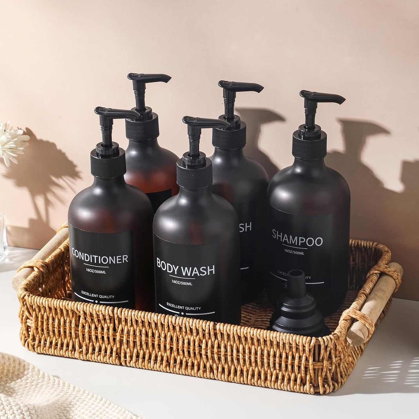 Shampoo Bottles Refillable with Pump (5Pack Matte Amber) Plastic 16.9oz Amber Reusable Shampoo and Conditioner Bottles,Bathroom Bottles with Pump and Labels