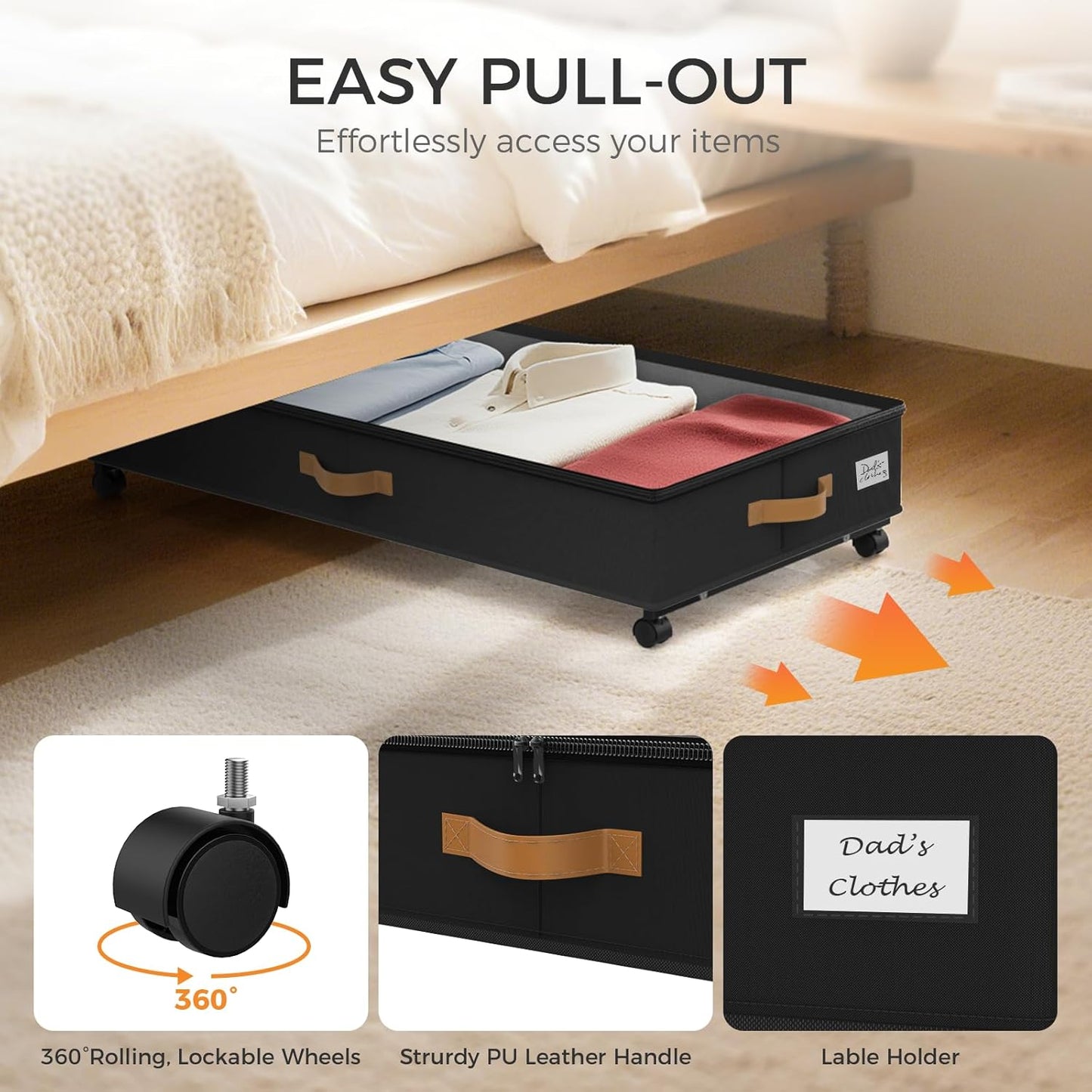 Under Bed Storage with Wheels 4-Pack, 75L XXL Under the Bed Storage Containers Large, 12" Tall Adjustable Storage for Underbed with Lids, Rolling for Shoes, Clothes, Blankets (4PCS-Black)