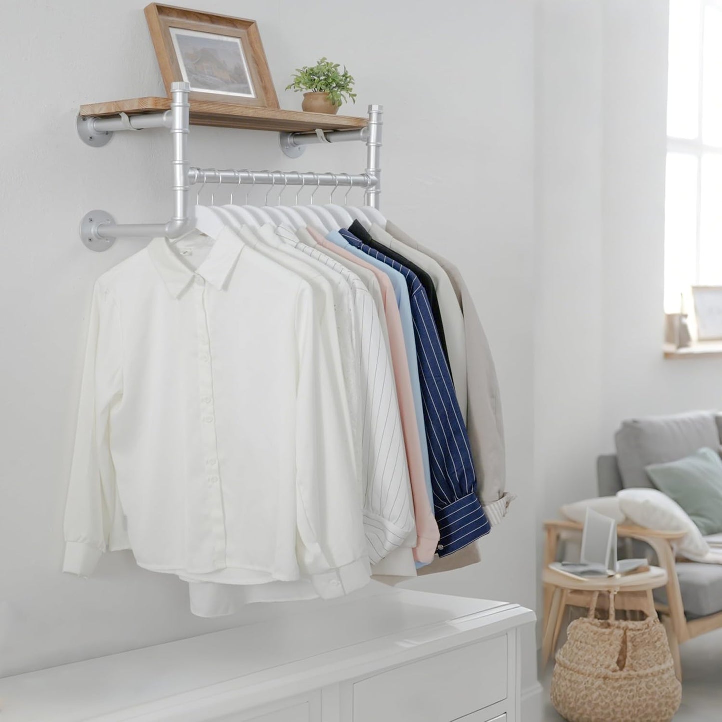 WEBI Wall Mounted Clothes Rack with Shelf,24" Industrial Pipe Clothing Rack with Shelf with Hanging Rod,Heavy Duty Iron Garment Rack Bar,Retail Display Clothes Rod for Laundry Room,Closet,Silver