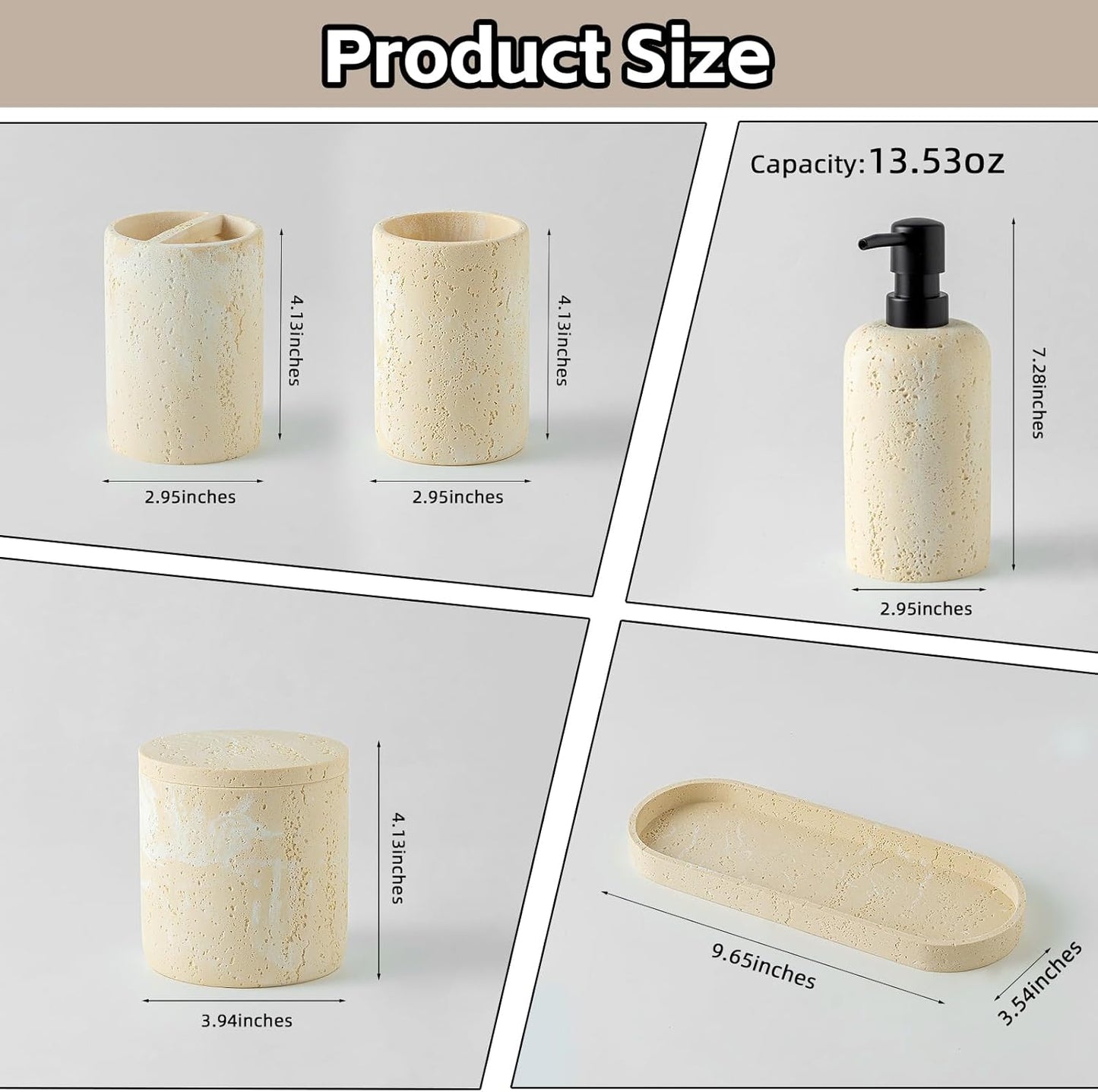 Bathroom Accessories Set, Travertine Stone-Look, 6 PCS Bathroom Accessory Set with Soap Dispenser, Toothbrush Holder, Tumbler, Vanity Tray, Cotton Swab Jars for Countertop (Yellow)