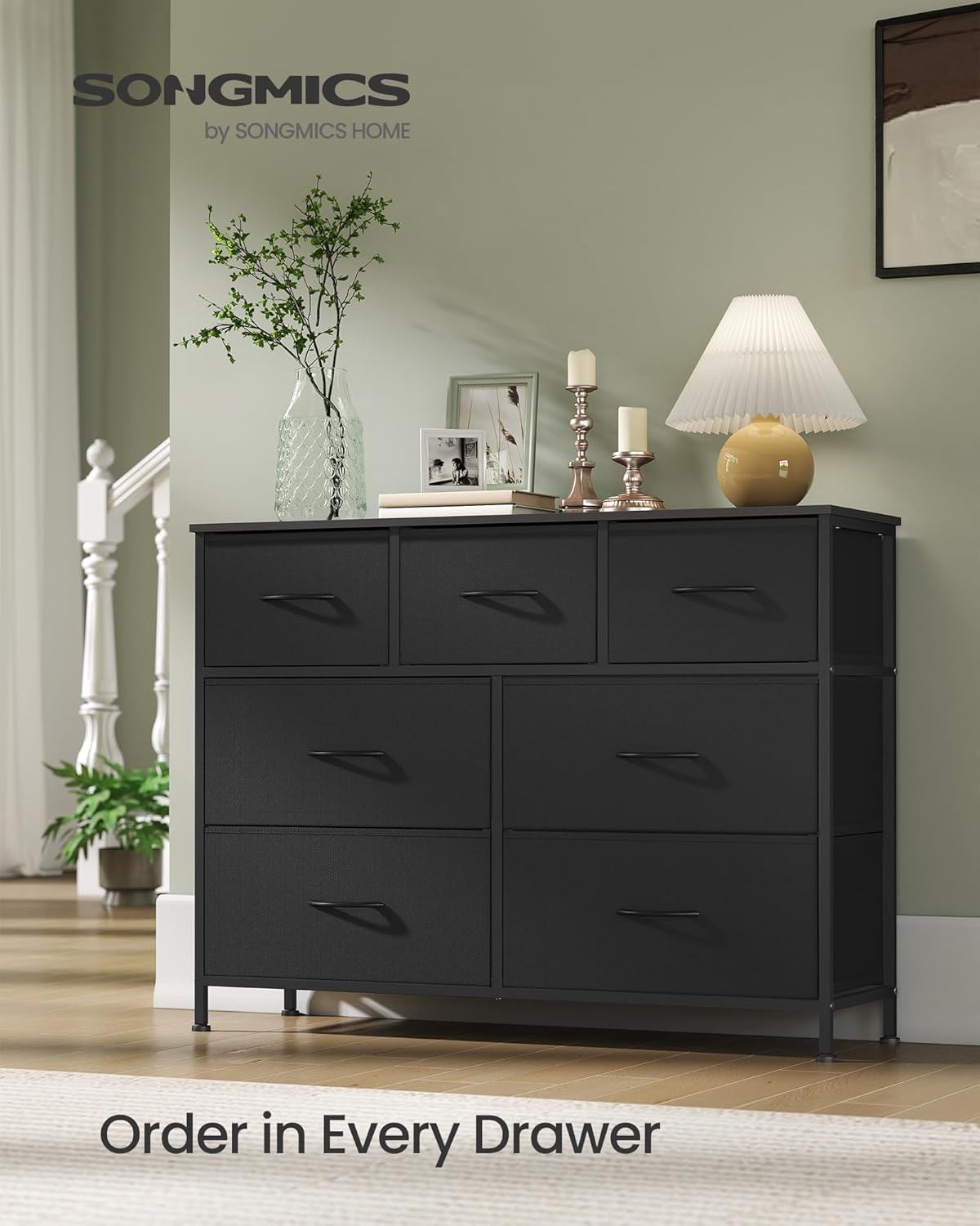 SONGMICS Dresser for Bedroom, Chest of Drawers, TV Stand, Steel, MDF, 7 Non-Woven Fabric Drawers, Storage Organizer Unit, Closet, Entryway, Ink Black and Ebony Black ULGS323B01S