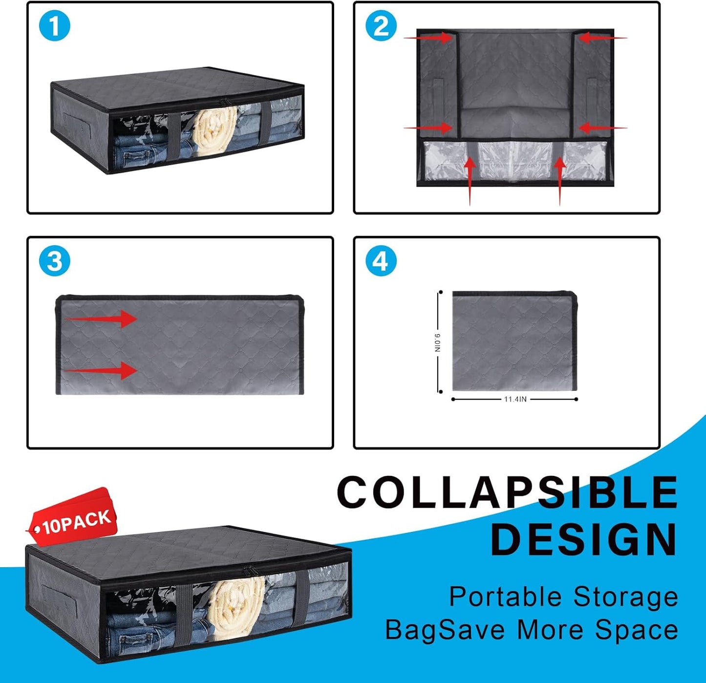 10 Pack Under Bed Storage Containers for Clothes Folding Storage Bins with Clear Window and Reinforced Handles Underbed Storage Containers for Organization and Storage Clothing Blankets