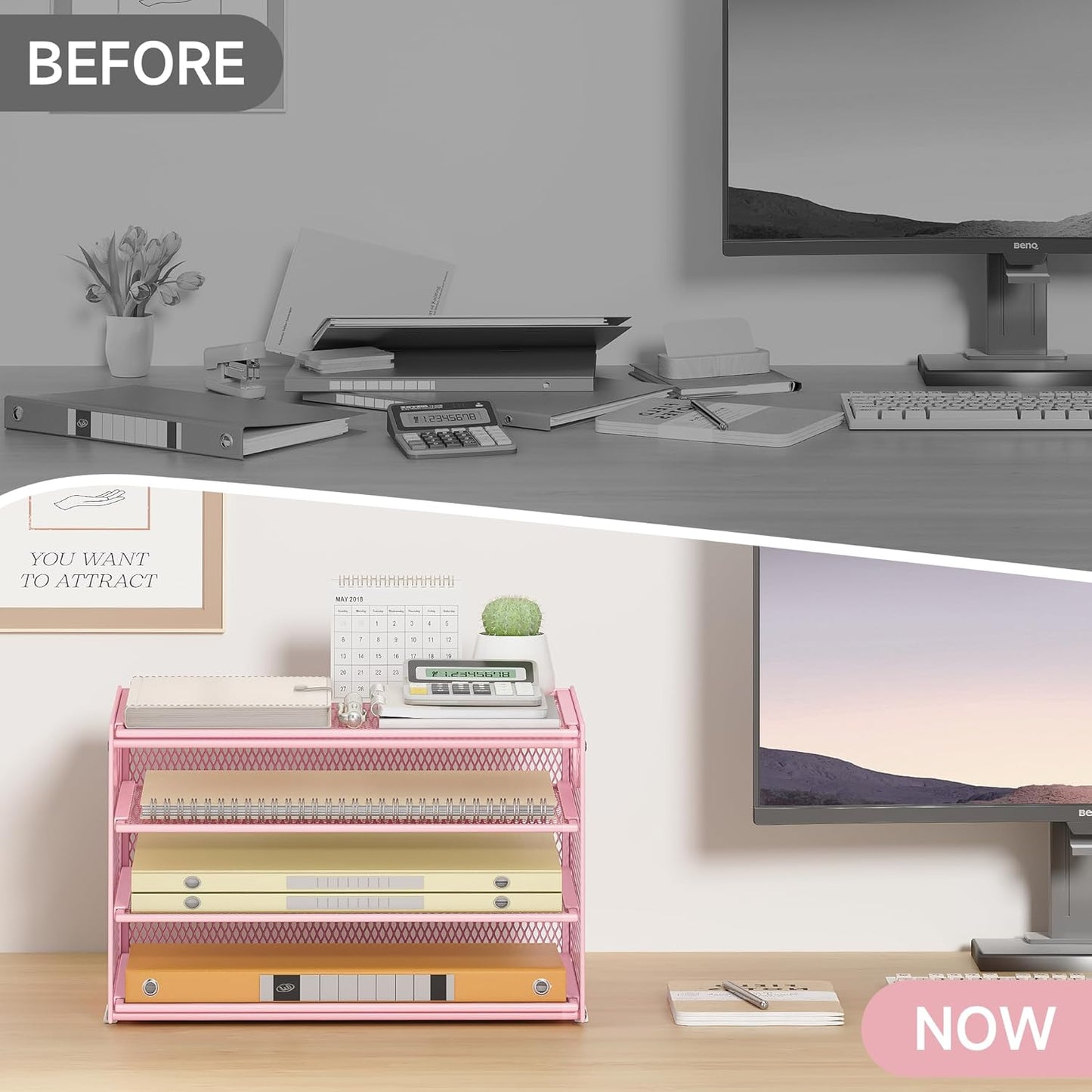 Subekyu Paper Letter Tray Organizer for Desk, Pink Metal Mesh Desk File Sorter Organizer with Handle and 2 Sliding Trays for Home Office School Supplies Organization