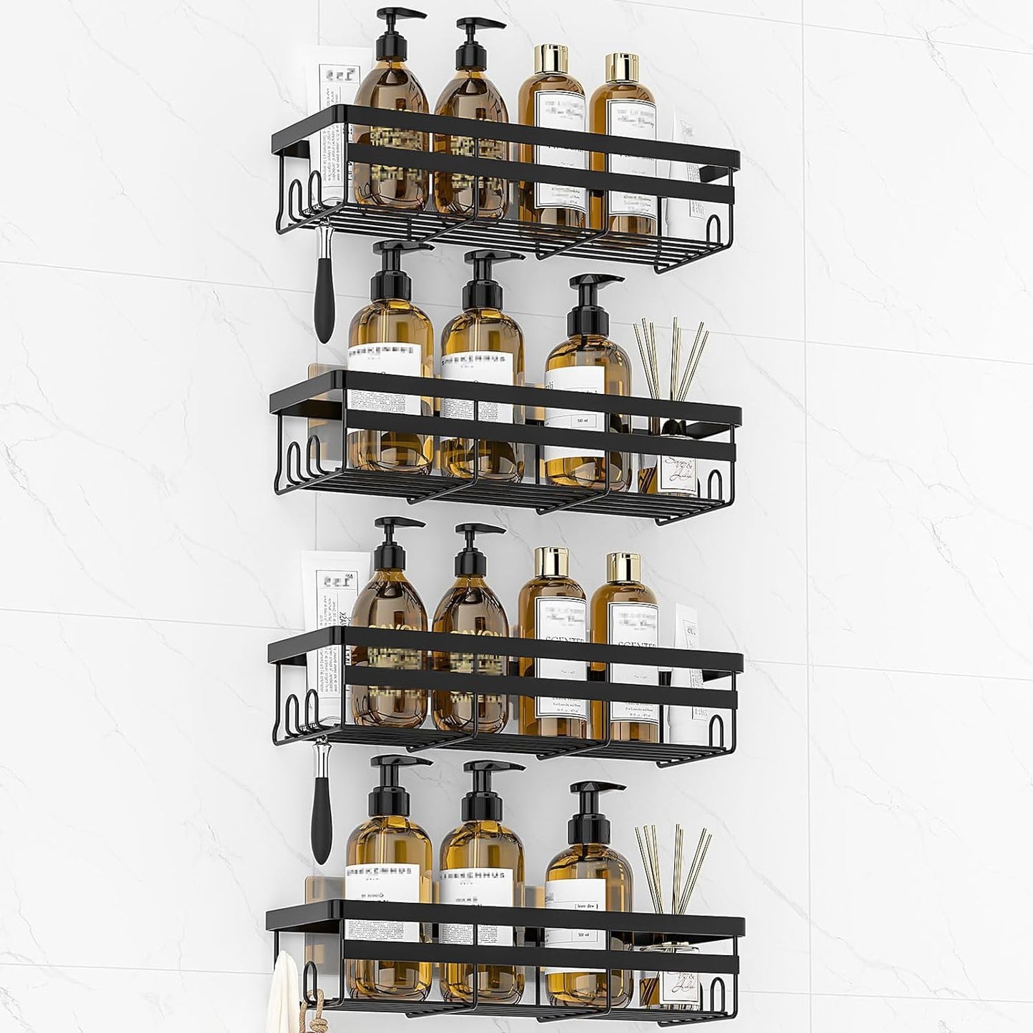 WOWBOX Shower Caddies 4 Pack - Adhesive Hanging Shower Shelf - Bathroom Organizers and Storage, No Drilling Stainless Shower Shelves for Home Decor, Bathroom Accessories (Large)