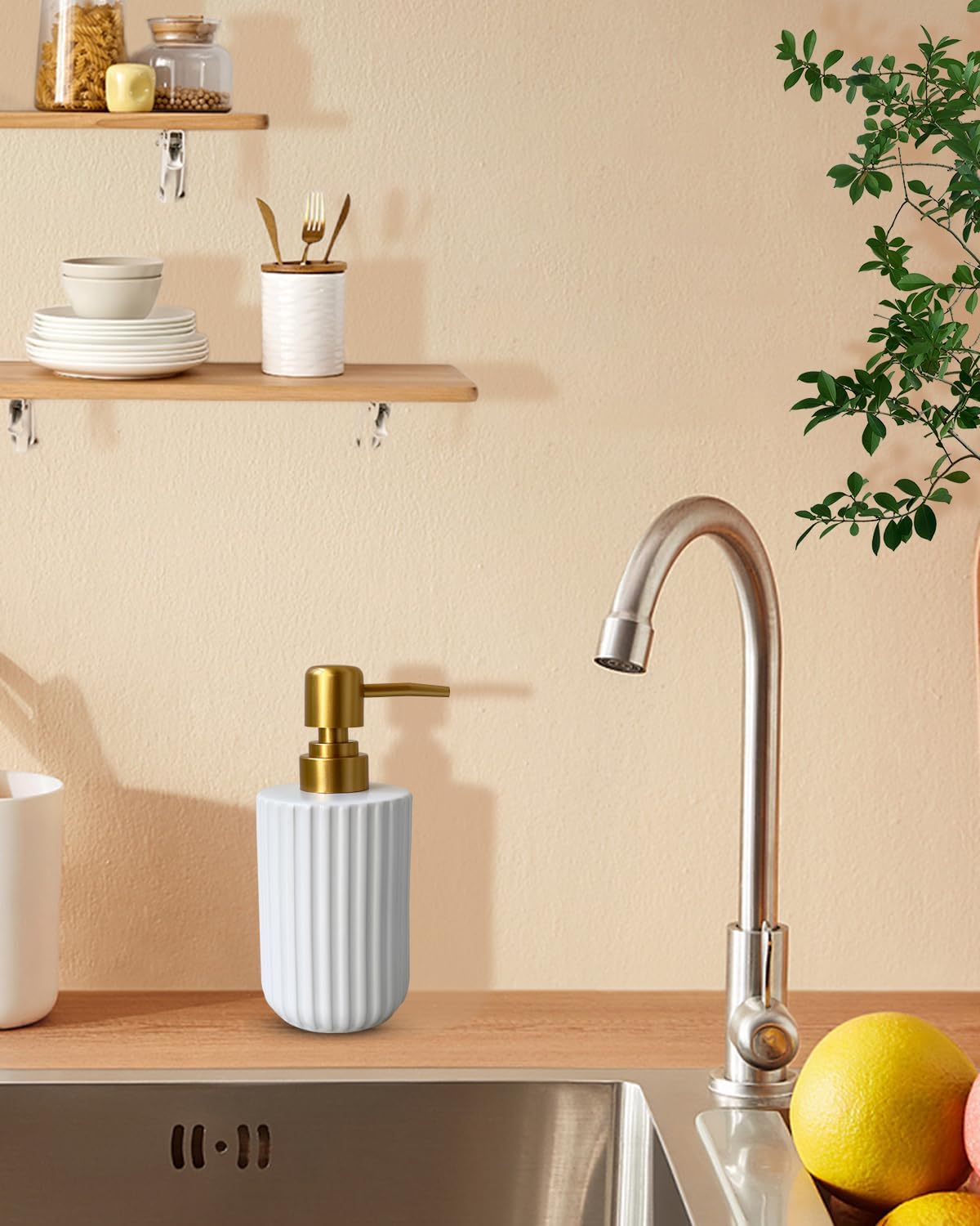 Soap Dispenser for Bathroom,12 Oz Liquid Soap Dispenser for Kitchen,Ceramic Hand Soap Dispenser with Plastic Pump,Simple Style Soap Dispenser (Gold and White Cylindrical Soap Dispenser)