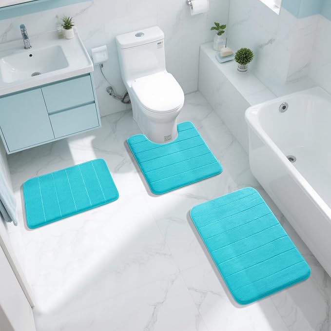 Yimobra Memory Foam Bath Mat, Super Soft Absorbent Bathroom Rug Non Slip 31.5x20 Inch, Quick Dry, Machine Washable Floor Carpet for Tub Shower, Home Decor Accessories, Lake Blue