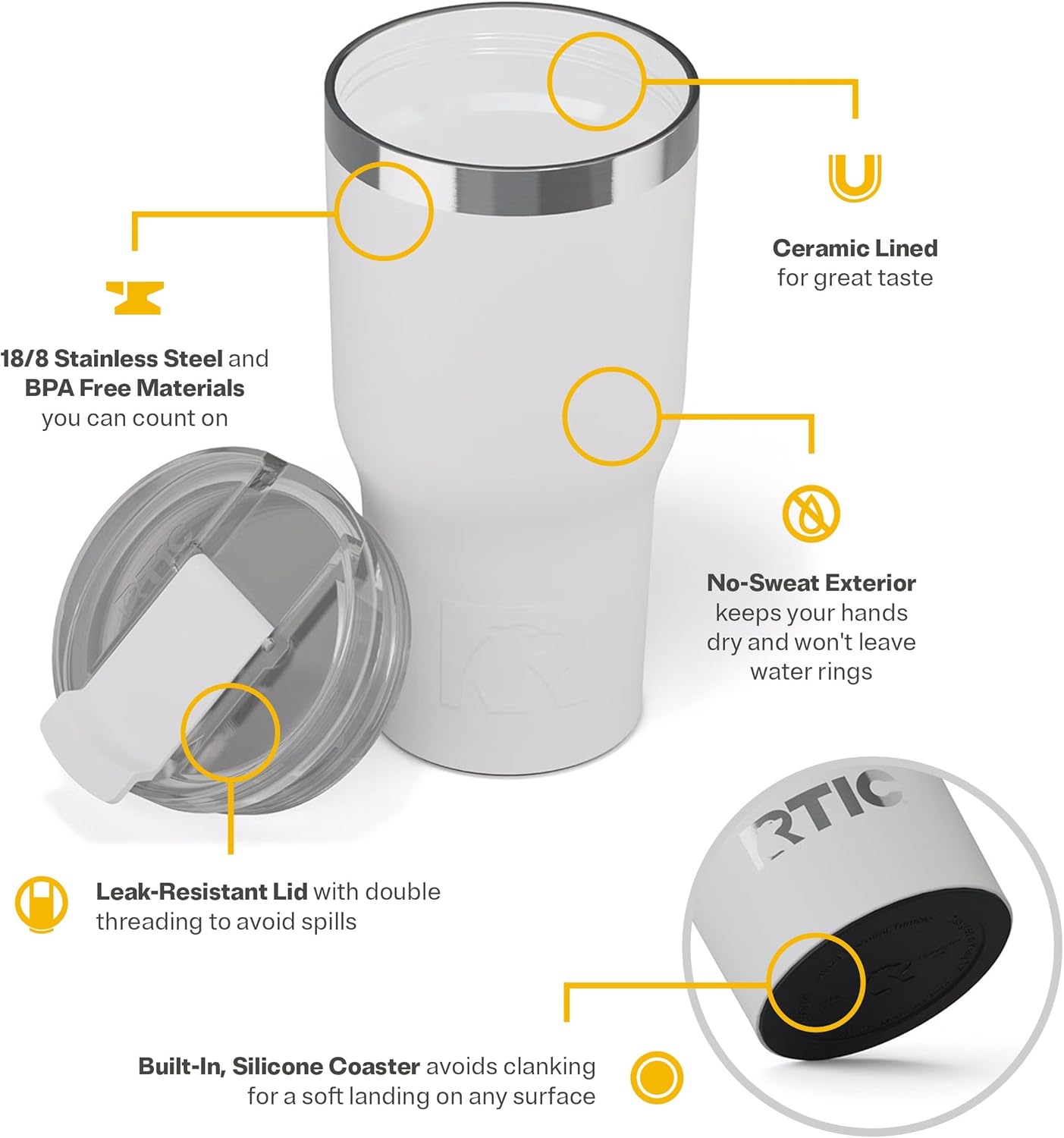 RTIC 20oz Essential Tumbler with Lid, Ceramic Lined, Insulated, Stainless Steel, Metal, Double Wall Vacuum-Insulation, Travel Cup for Iced Coffee, Tea, Hot and Cold Drink, White