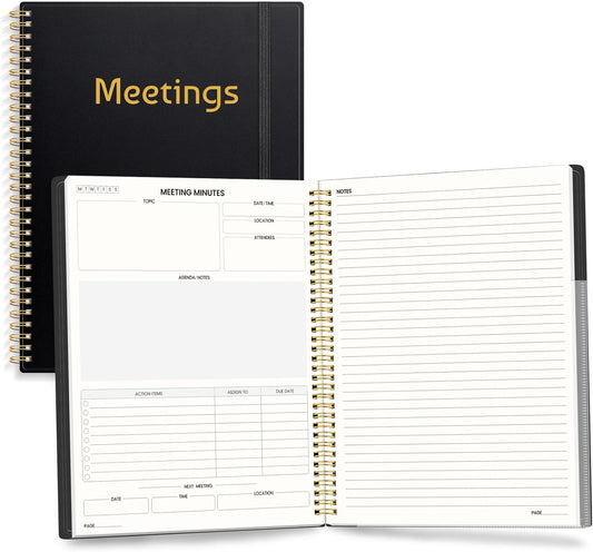 SUNEE Half Meeting Half Note 8.5"x11" Notebook for Work – 140 Pages, A4 Size Project Planner for Women&Men, Minutes Organizer for Meeting Notes, Ideas for Office/Business, PVC Waterproof Cover, Black