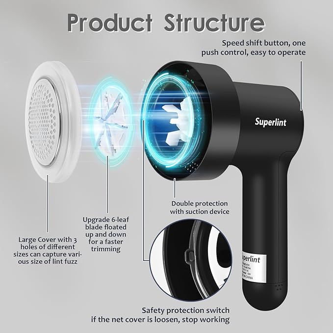 SUPER LINT Electric Fabric Shaver Electrostatic Brush, LED Display, 3-Speeds, Rechargeable Sweater Shavers to Remove Pilling for Clothing, Couch, Furniture, Black