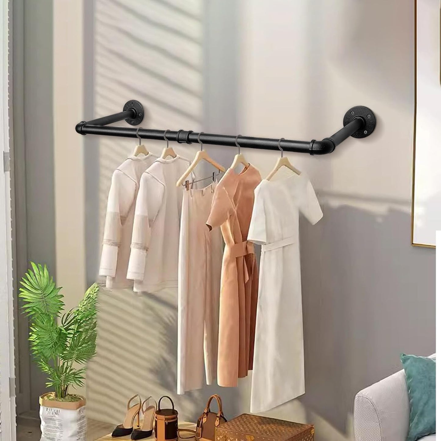 Industrial Iron Pipe Clothes Hanging Bar DIY Wall-Mounted Garment Rack Heavy Duty Clothing Rack for Bedroom, Laundry Room, Closet Storage (Black 28 inch)