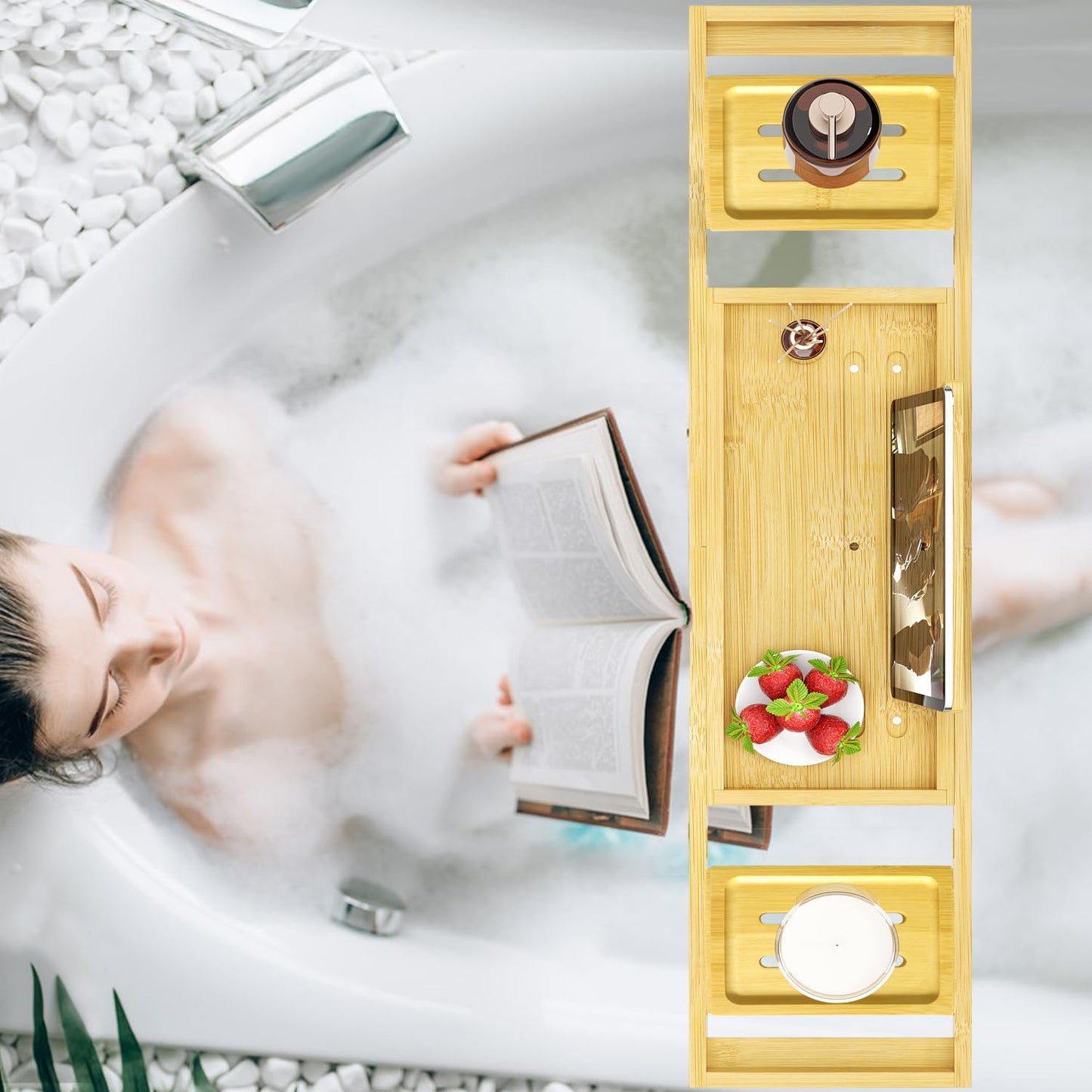 Premium Bathtub Tray - Expandable Bamboo Wooden Bath Trays for Bathub - Bath Tub Table Tray for Bathtub/Tub,Adjustable Size, Fits Most Tubs