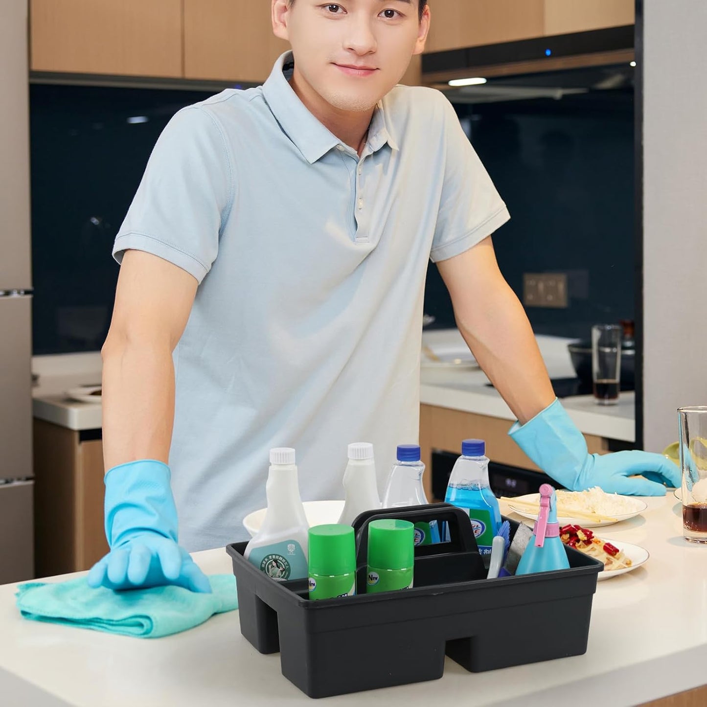 Vababa Plastic Caddy with Handle, Supply Cleaning Caddy with Handle, 4-Pack, Grey, 15.19" x 10.78" x 4.52"