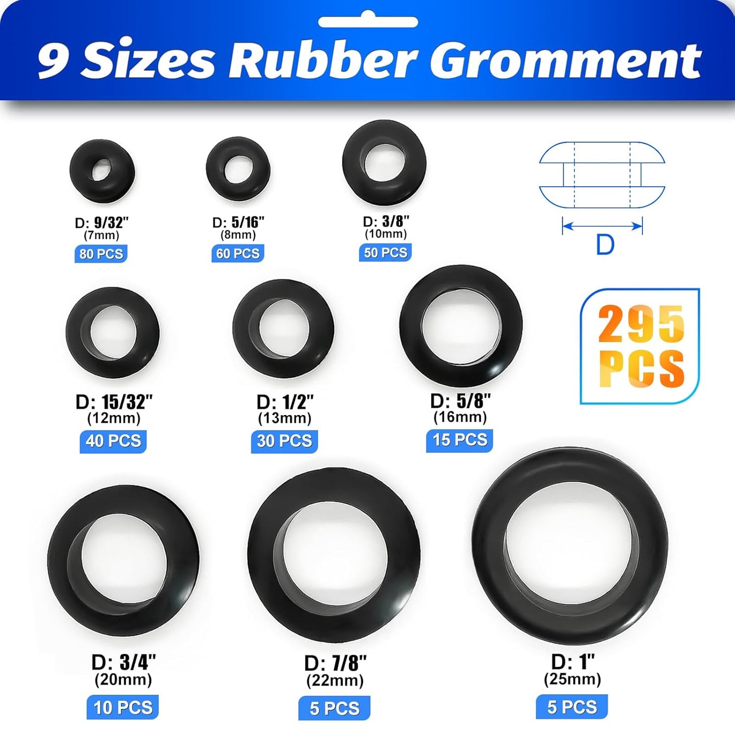 Rubber Grommet Kit 295 PCS 9 Sizes Hole Plug Rubber Grommets for Wiring- 9 Standard Sizes (9/32",5/16",3/8",15/32",1/2",5/8",3/4",7/8",1")