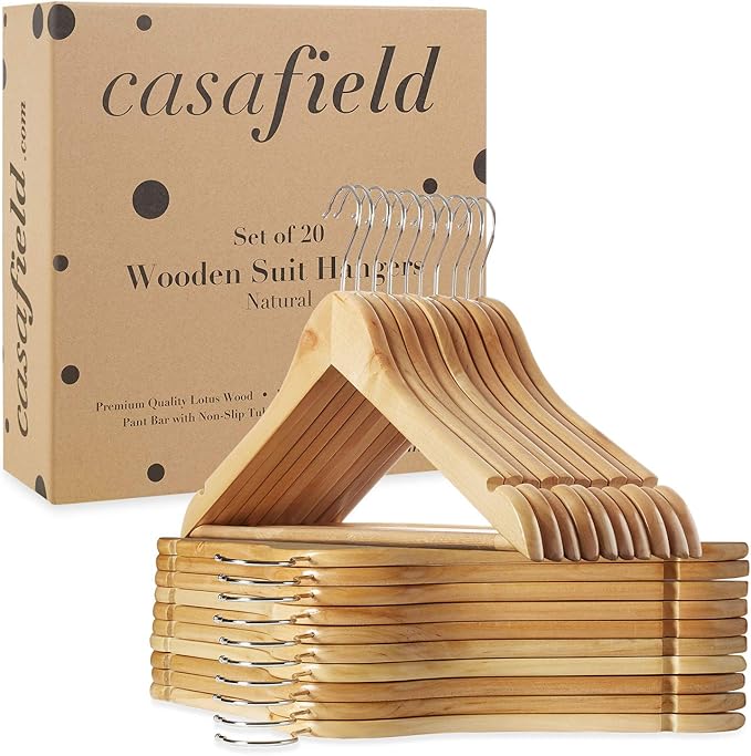 Casafield - 20 Natural Wooden Suit Hangers - Premium Lotus Wood with Notches & Chrome Swivel Hook for Dress Clothes, Coats, Jackets, Pants, Shirts, Skirts