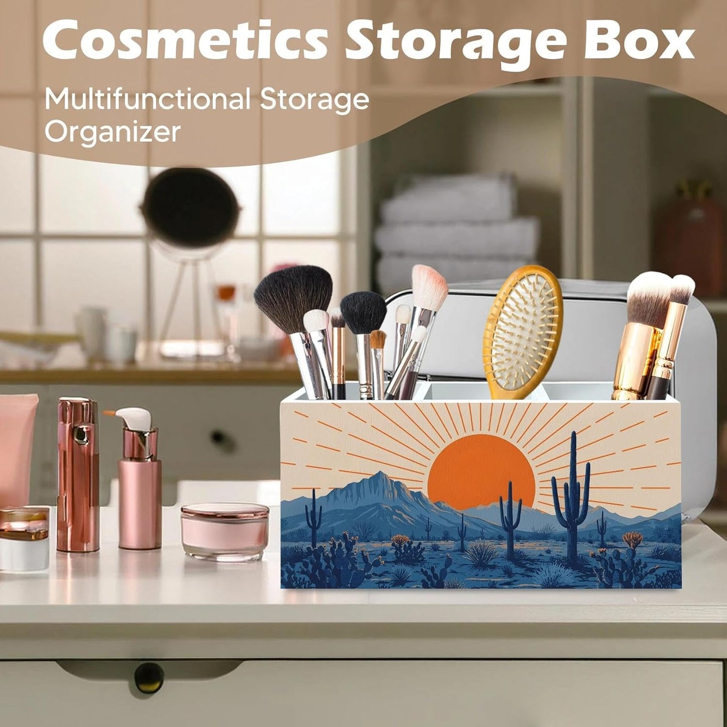 DILSJ Western Boho Pen Pencil Holder Organizer for Desk, Boho Office Decor, Abstract Sunshine Western Desert Cactus Landscape Wooden Box Signs for Home Office Desk Tabletop Decoration