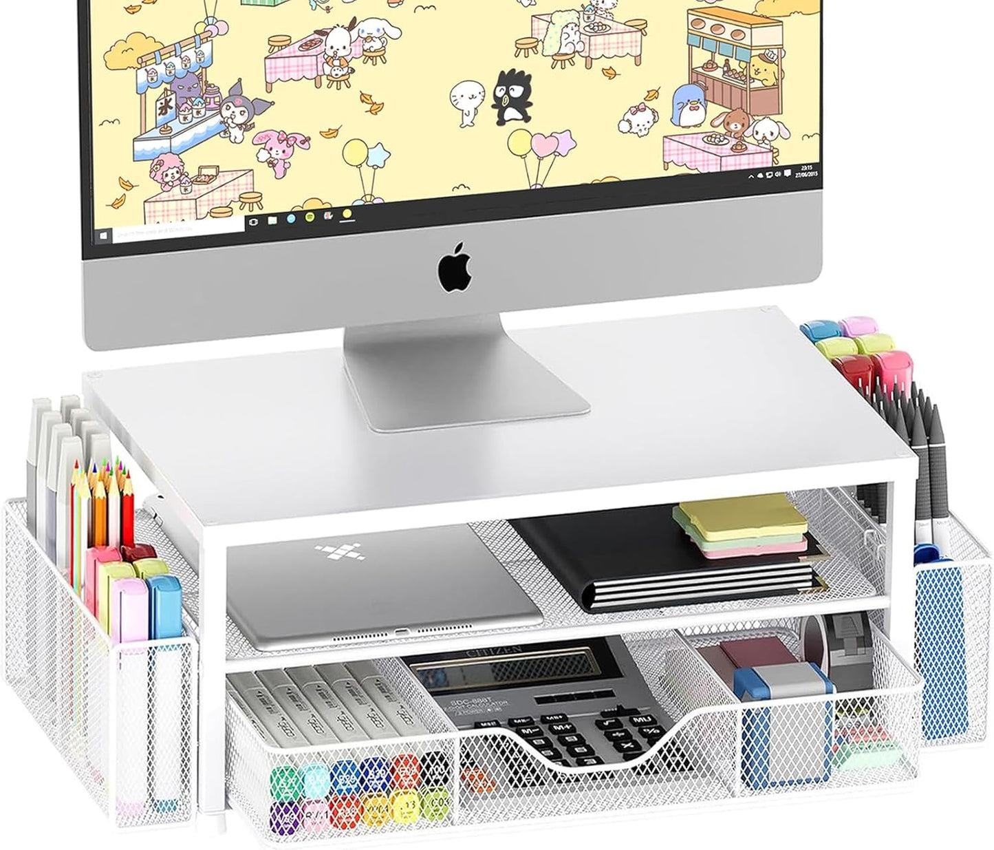 Desk Organizers and Accessories, 2-Tier Computer Monitor Stand Riser with Drawer and 2 Pen Holders, Laptop Stand, Office Desk Accessories for Office Supplies, White