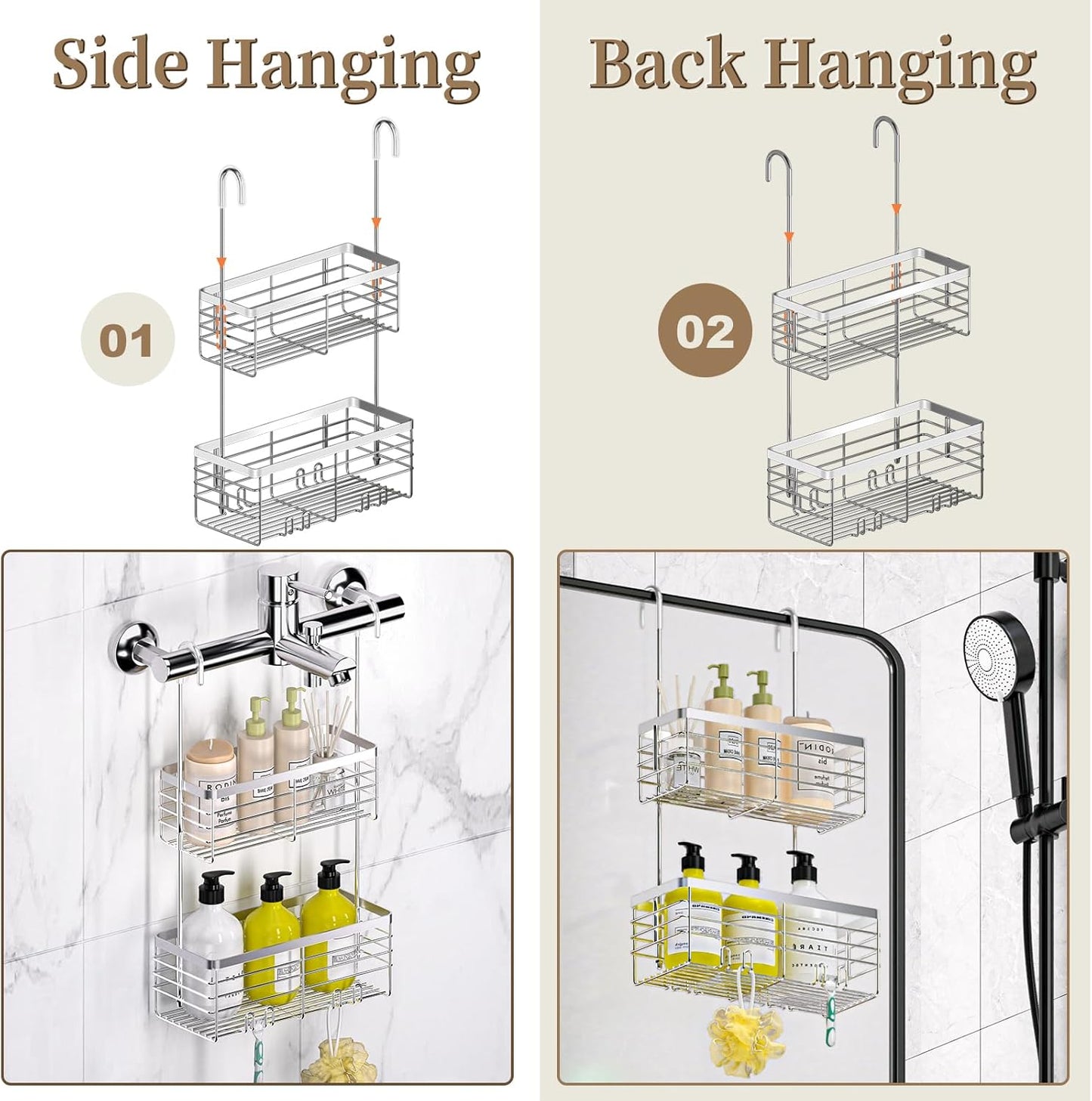 DELLAN Hanging Shower Organizer, 2-Tier Shower Rack with Hooks Over the Door, Bathroom Shower Caddy and Basket