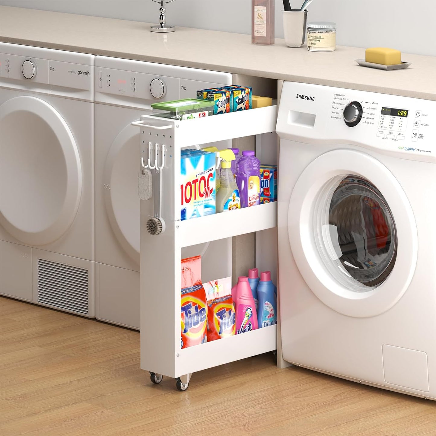 Slim Storage Cart, 5 in Width, 3-Tier White Rolling Cart with Handle for Kitchen Bathroom Laundry Narrow Places