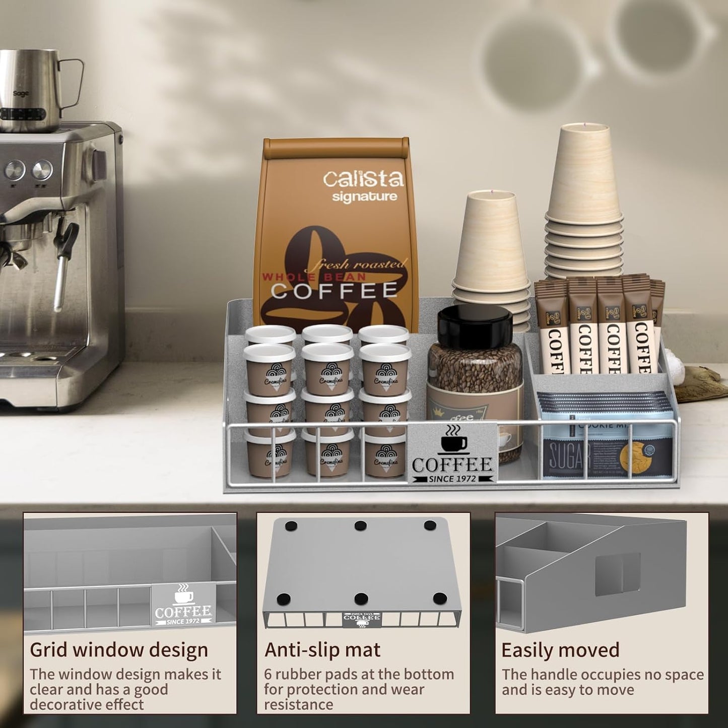 Metal Coffee Station Organizer for Countertop - Coffee Bar Organizer with Designable DIY Logo, K Cup Pods Holder & Tea Condiment Storage - Rustic Breakroom Kitchen Decor in Silver （1 Pcs）