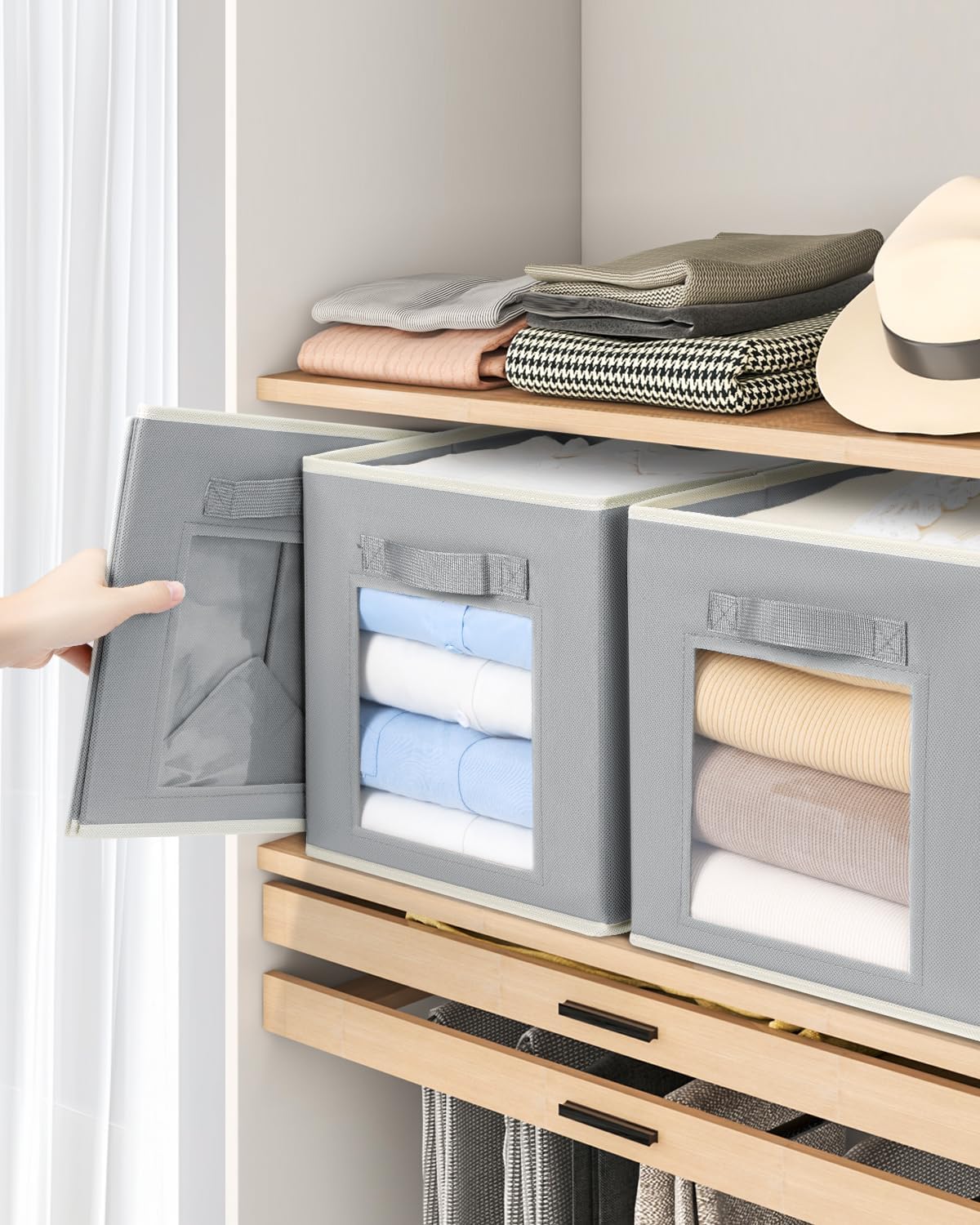 Foldable Storage Cubes - Cubby Storage Organizer with Window, 11 Inch Baskets for Organizing, Collapsible Fabric Storage Cubes for Shelves, Closet, 10 Pack, Grey