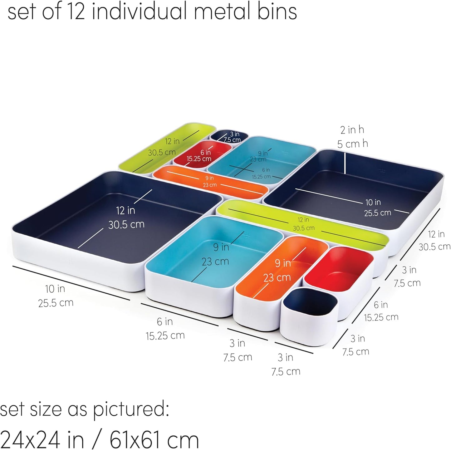 Three by Three Seattle 12 Piece Metal Organizer Tray Set for Storing Makeup, Stationery, Utensils, and More in Office Desk, Kitchen and Bathroom Drawers (Classic Colors)