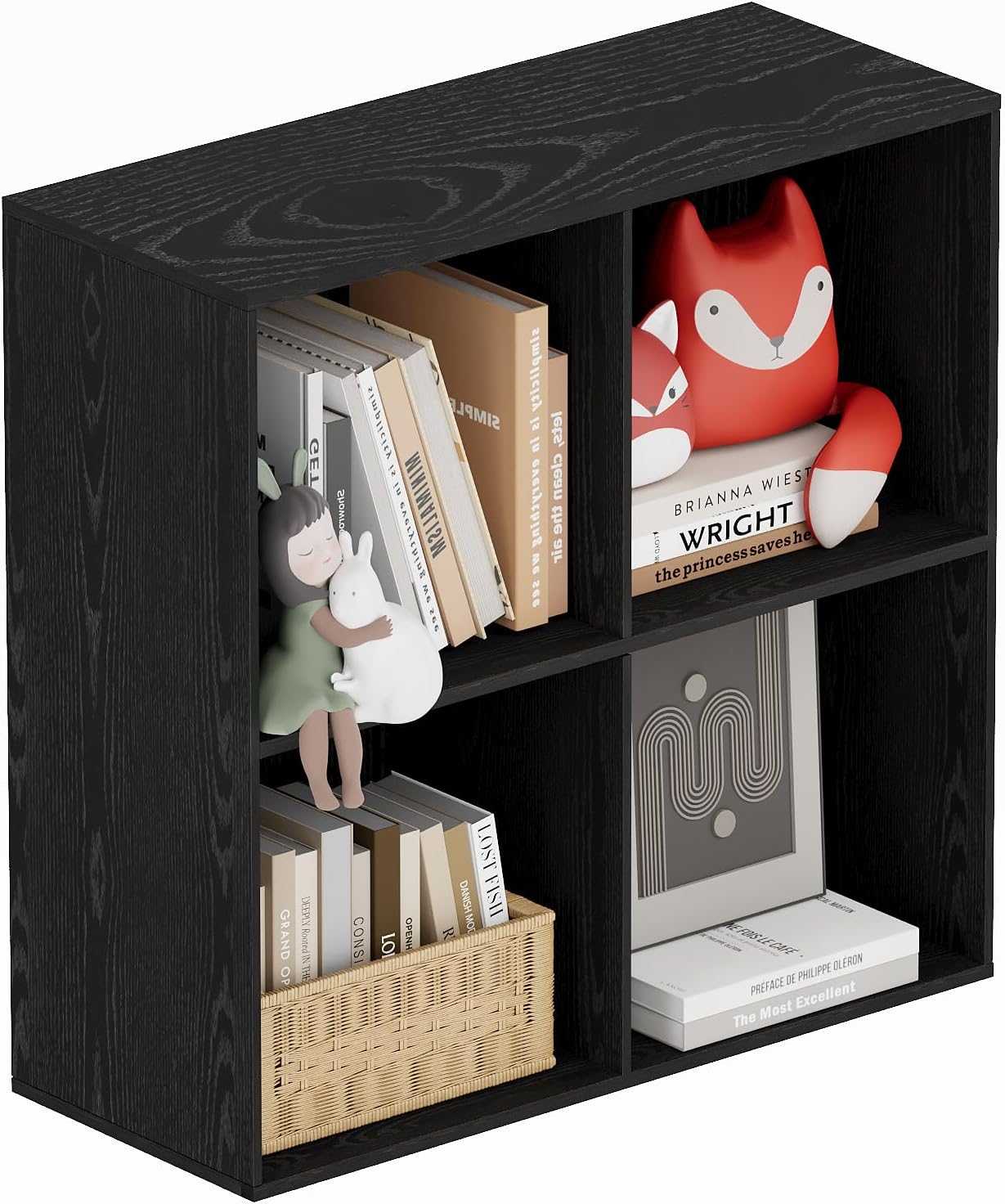 Book Shelf, Wooden Cube Storage Organizer with 11" Open Cubes, Stackable Modular Bookcase for Room Divider Storage, Bookshelf for Living Room, Bedroom, Office (Black, 4-Cube)