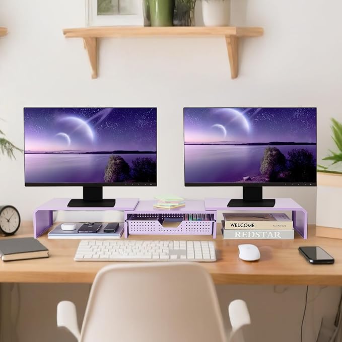 Dual Monitor Stand Riser with Drawer, Desk Organizer and Accessories, Metal Laptop Stand for Desk, Workspace Desktop Stand for Computer, Laptop, TV and More (Purple)
