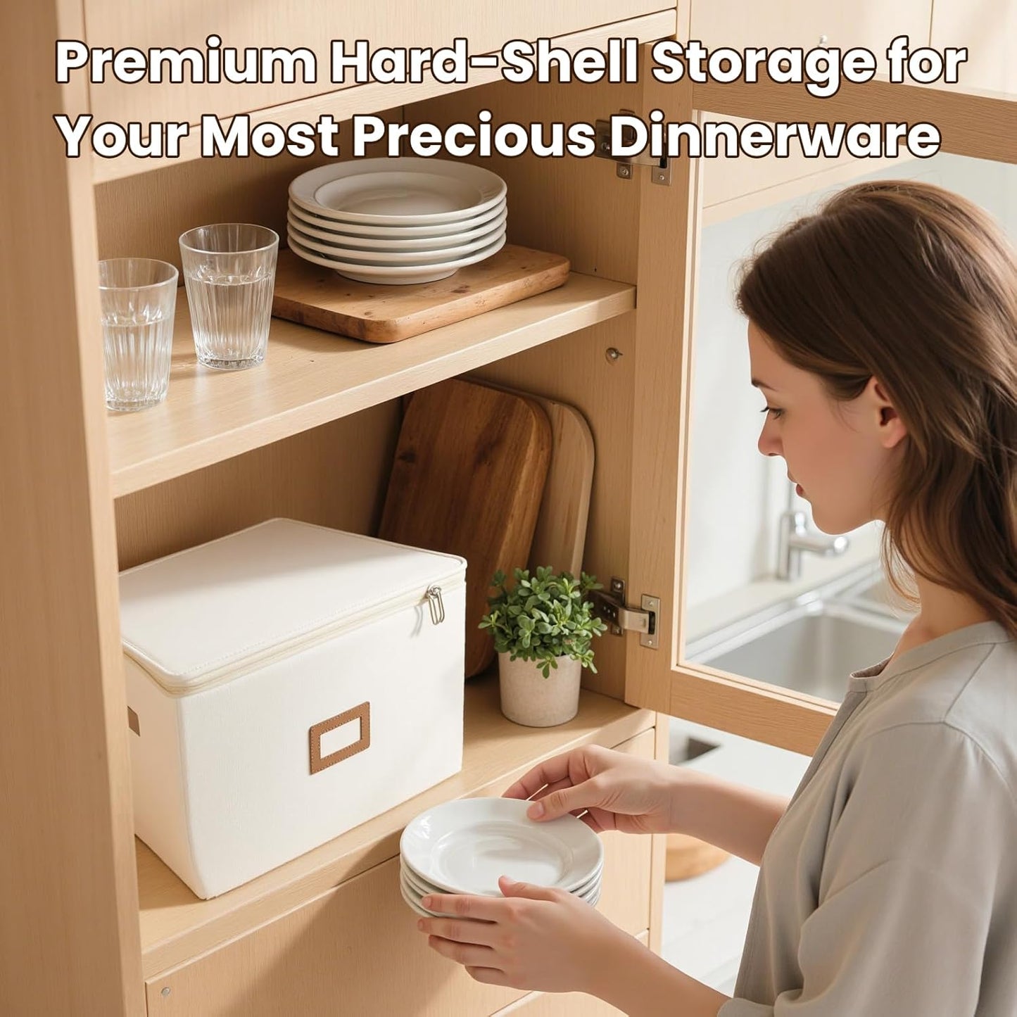 HOMELUX THEORY Hard Shell China Storage Containers, 5pc Ivory Mug & Plate Storage Box, Kitchen Storage Bins With Lids, Heavy Duty Moving Box with Handles for Dishes, Glassware, Stemware, Cup & Mug