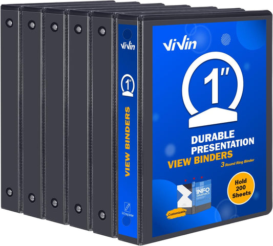 3 Ring Binder 1 Inch, ViVin Sturdy 1"-Round Ring Binder with 2 Interior Pockets, Clear View Cover, PVC-Free, Fits 200 Sheets of 8.5'' x 11'' Paper, Office Home School (6 Pack, Black)