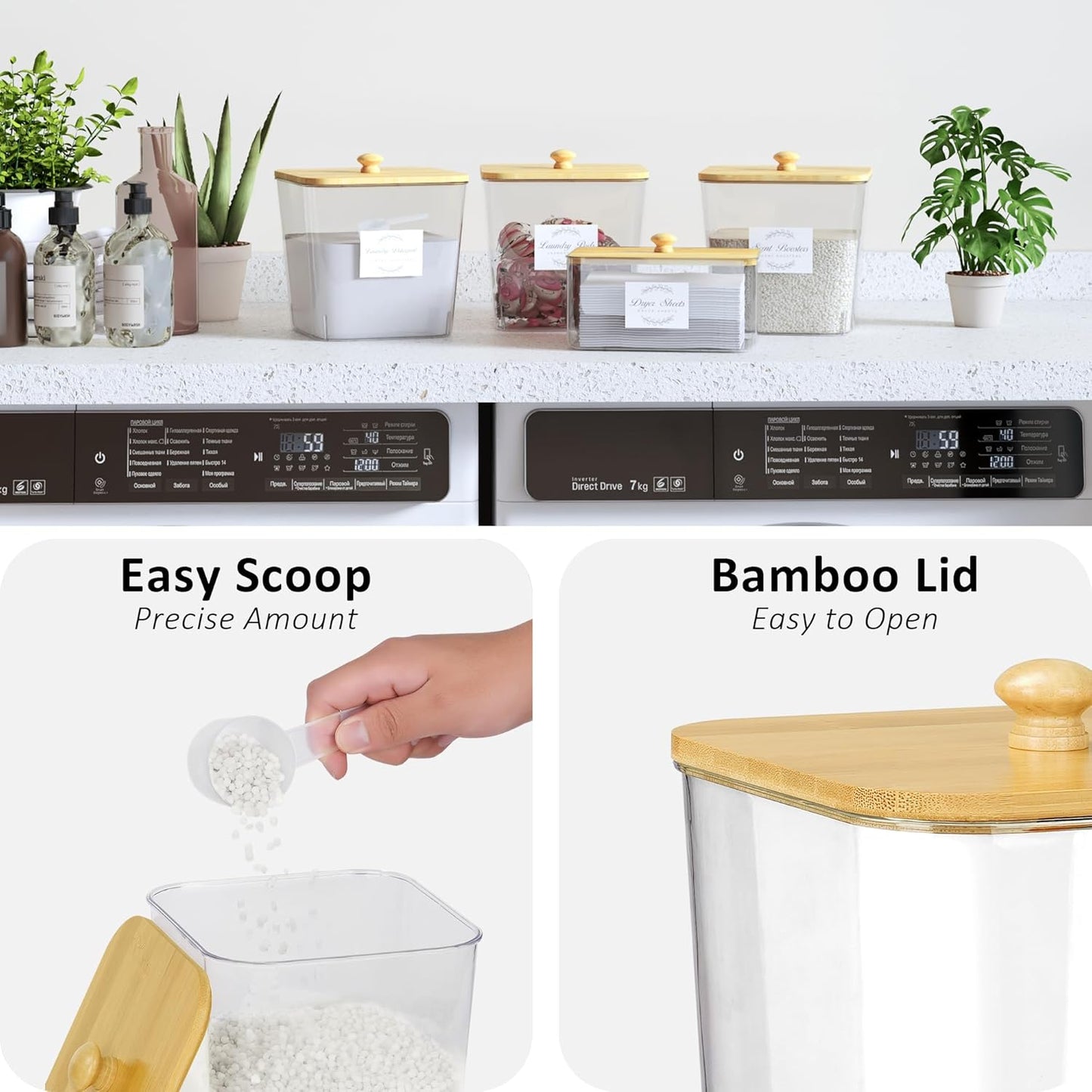 Laundry Room Organization and Storage, Laundry Pods Container and Dryer Sheet Holder with Bamboo Lids and Labels, Laundry Organizer with Scoops for Booster Beads, Powder, Pods, 4+1 Pack