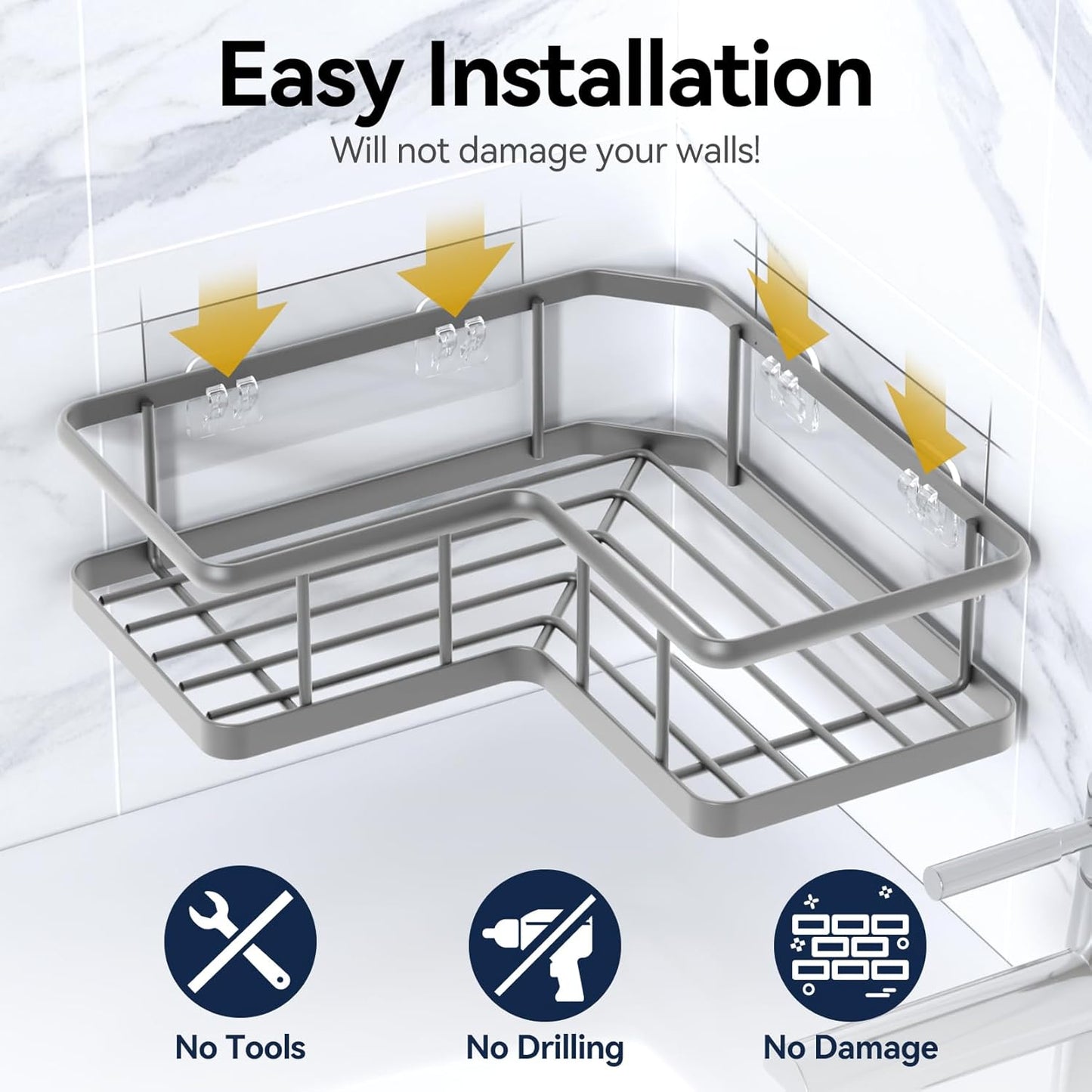 YASONIC Shower Caddy Corner, 3-Pack Adhesive Rustproof Stainless Steel Shower Shelves with Soap Holder, No Drilling Shower Organizer Corner for Dorm, Renters Bathroom, Grey