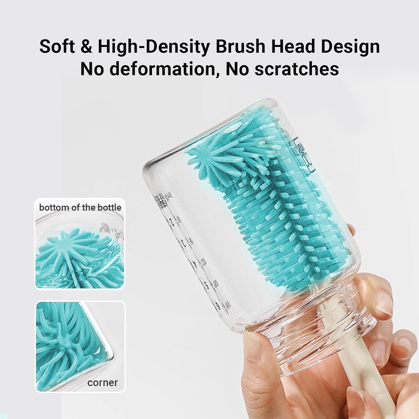 Baby Bottle Brush Cleaner Set - 7 in 1 Travel Bottle Cleaning Brush Kit with Silicone Bottle Brush, Nipple Brush, Soap Dispenser, Portable Drying Rack, Breast Pump & Bottle Cleaning Kit - Lake Green