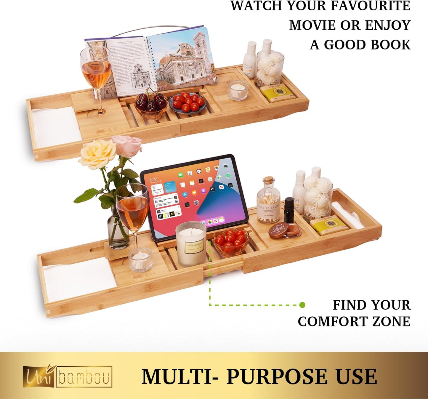 Bamboo Bathtub Caddy Tray for Luxury Bath, Expandable Bath Tray for Tub with Book and Wine Holder- Gift Idea for Loved Ones
