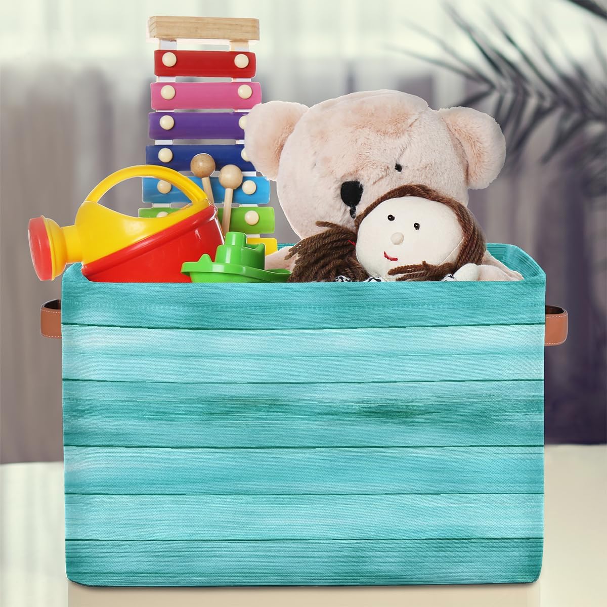 Watercolor Wooden Storage Basket for Shelves, Storage Bins with Handles, Collapsible Basket for Organizing, Closet Toy Baskets for Nursery Room, 15x11x9.5 in, Canvas, Mint Green