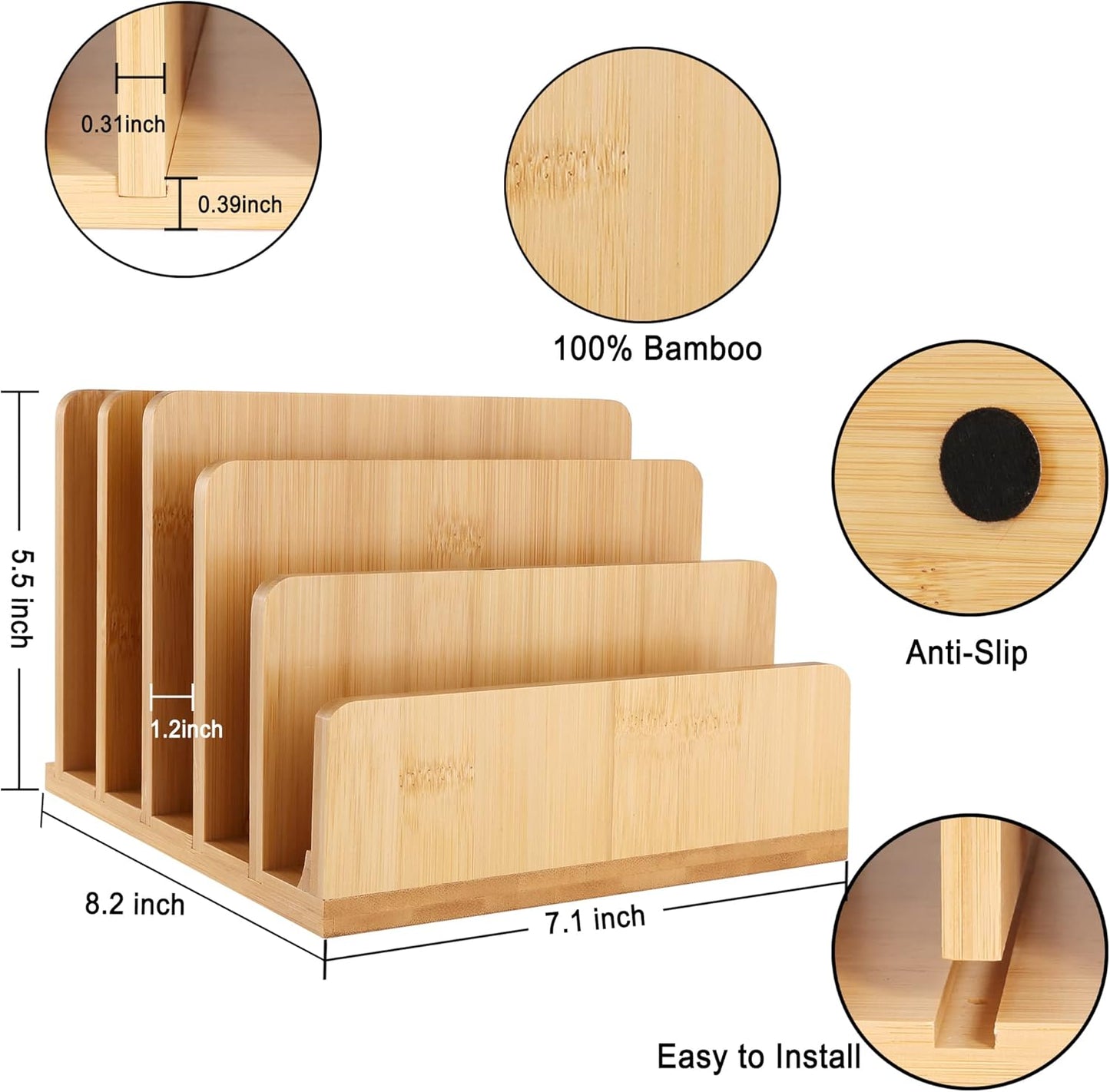 Desk File Mail Organizer Countertop Mail Sorters, Bamboo Desktop Mail Holder, Wood File Paper Holder for Letter Envelope Filing Cell Phone Ipaid, Organizer Tray for Office & Home (5 Slots)