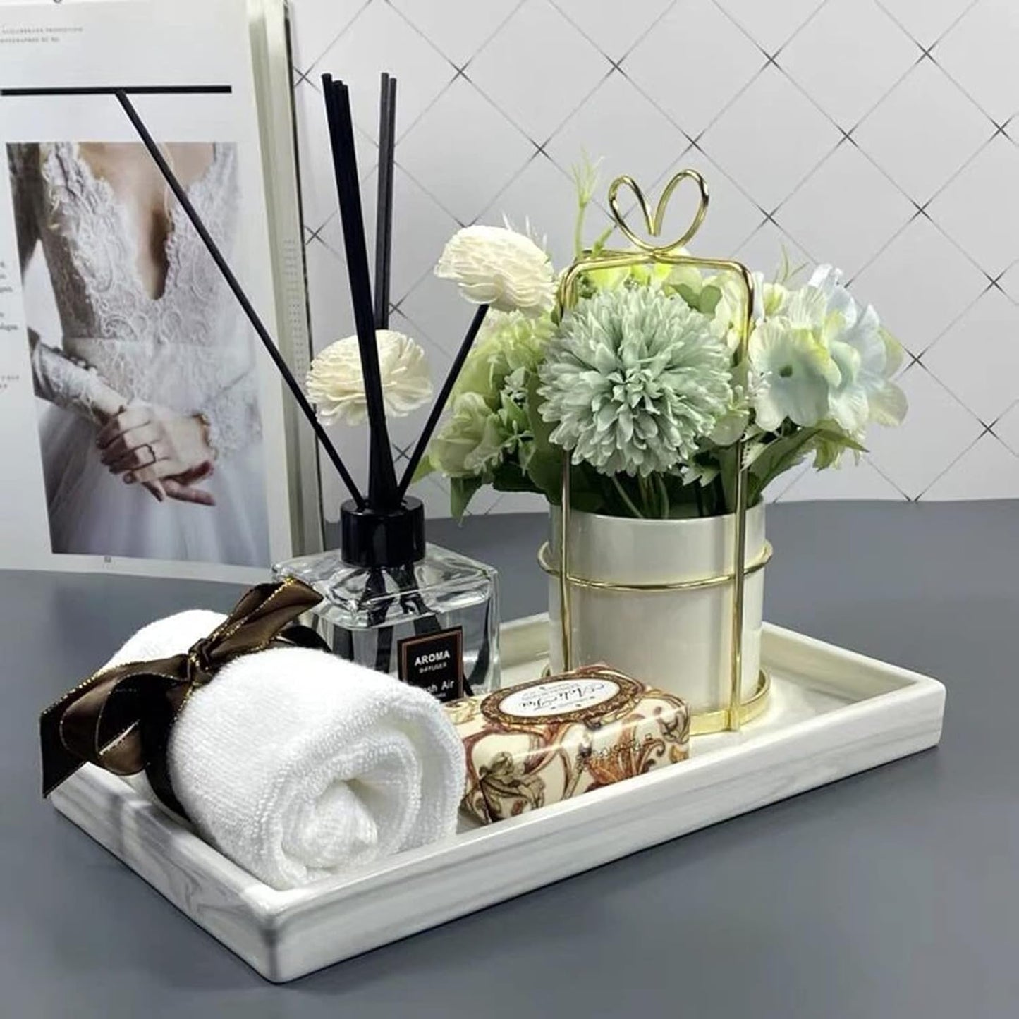 White Marble Bathroom Counter Tray - Ceramic Perfume Organizer and Jewelry Dish for Vanity Dresser