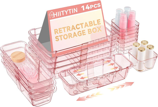 14 Pcs Adjustable Clear Drawer Organizer, Extendable Vanity Storage Bins, Desk Drawer Organizer Set for Makeup, Cosmetics, Bedroom, and Gadgets, Pink