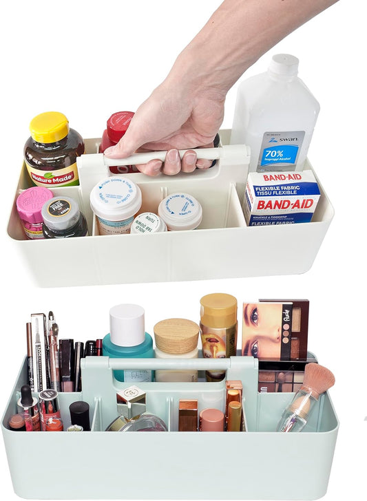 Portable Caddy Organizer -2 Stackable Plastic Caddy with Handle | Desk, Makeup, Dorm Caddy, Classroom Art Organizers (Made In Usa) (Ivory/Mint)