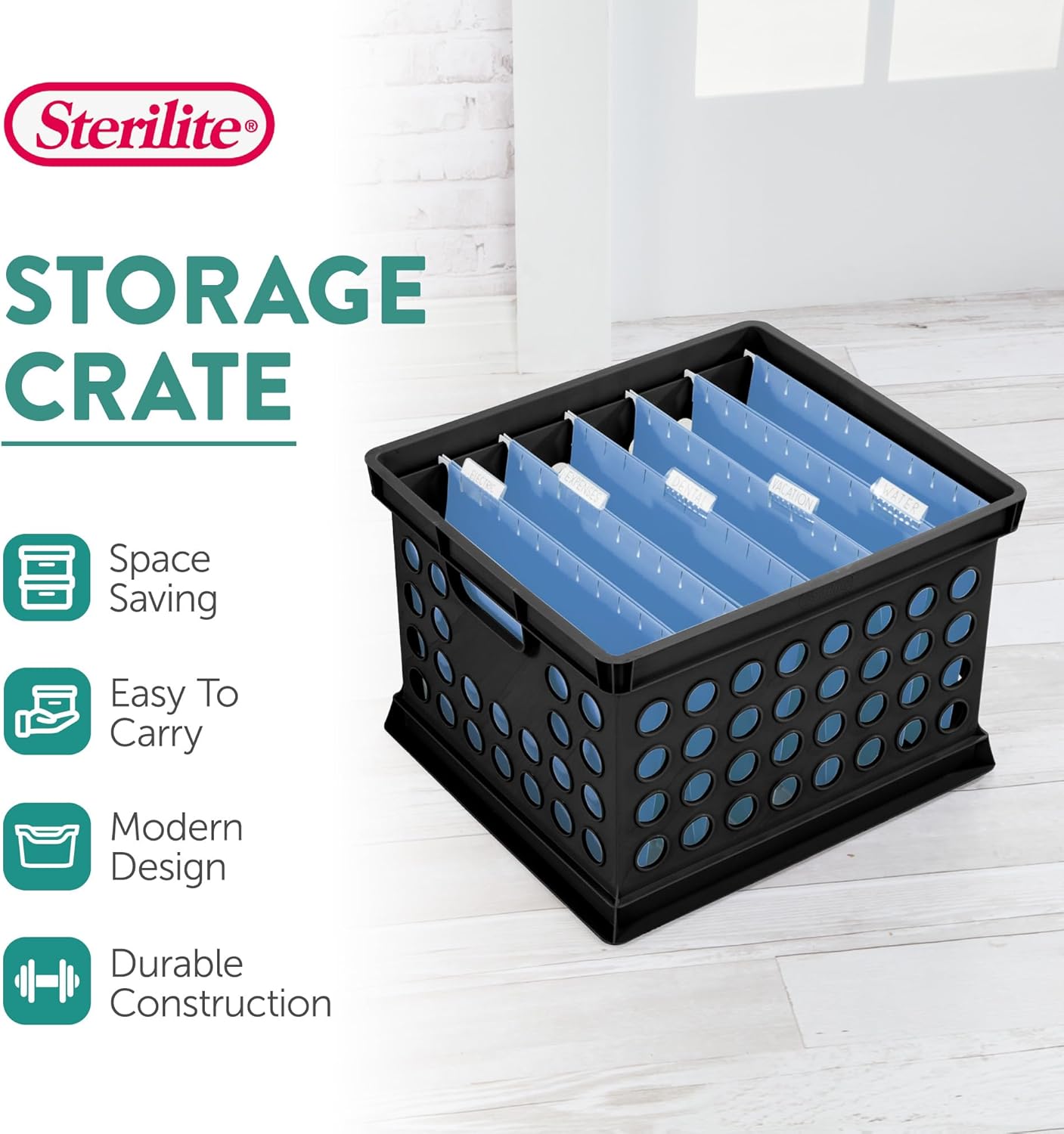 Sterilite Stackable Plastic Storage Crate Bin Organizer File Box with Handles for Home, Office, Dorm, Garage, or Utility Organization, Black, 12-Pack