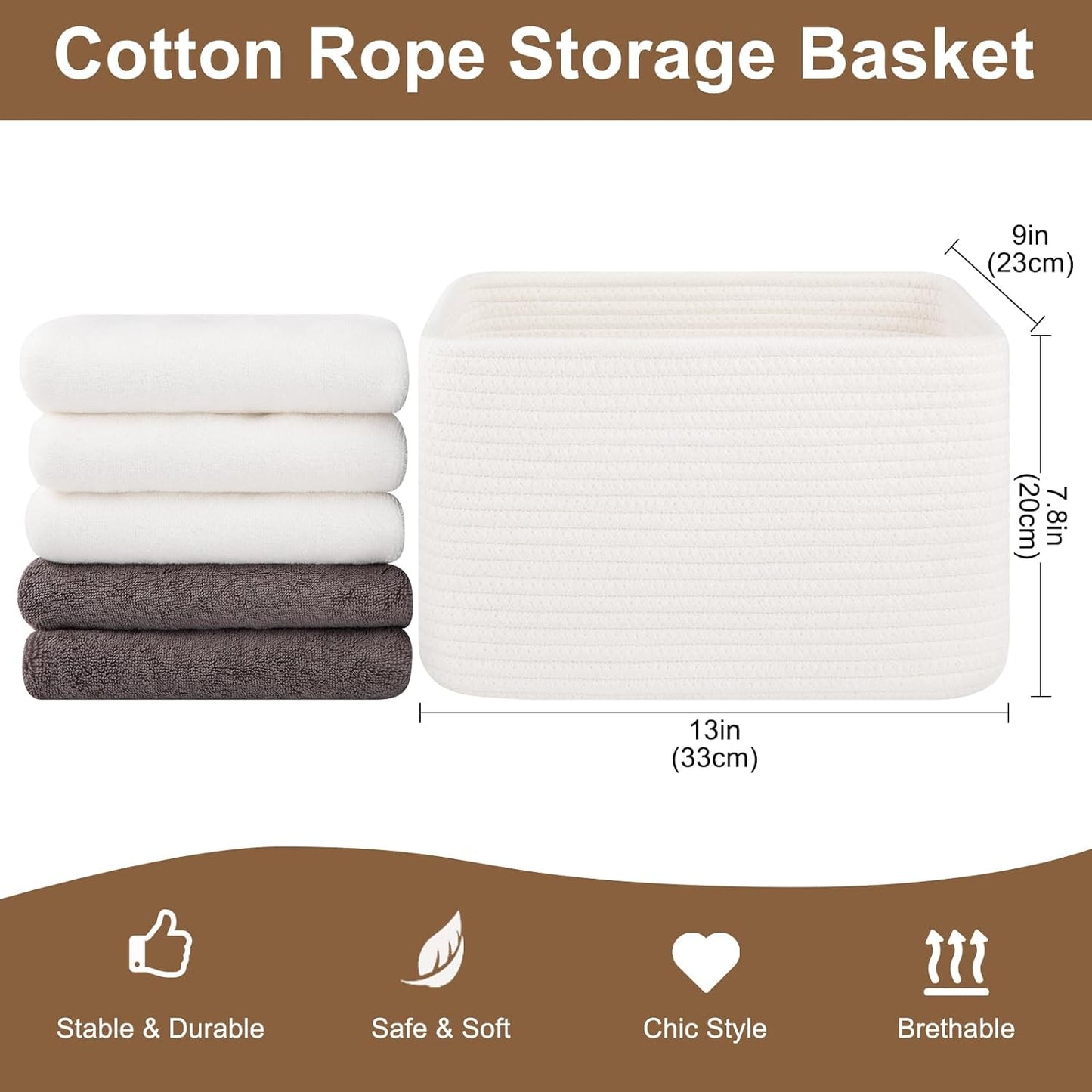 Storage Baskets for Organizing, Woven Decorative Baskets for Shelves - Books, Towels, and Clothes, Cotton Rope Toy Storage Bins, 12.7''Lx9''Wx7.8''H, Pack of 4, White