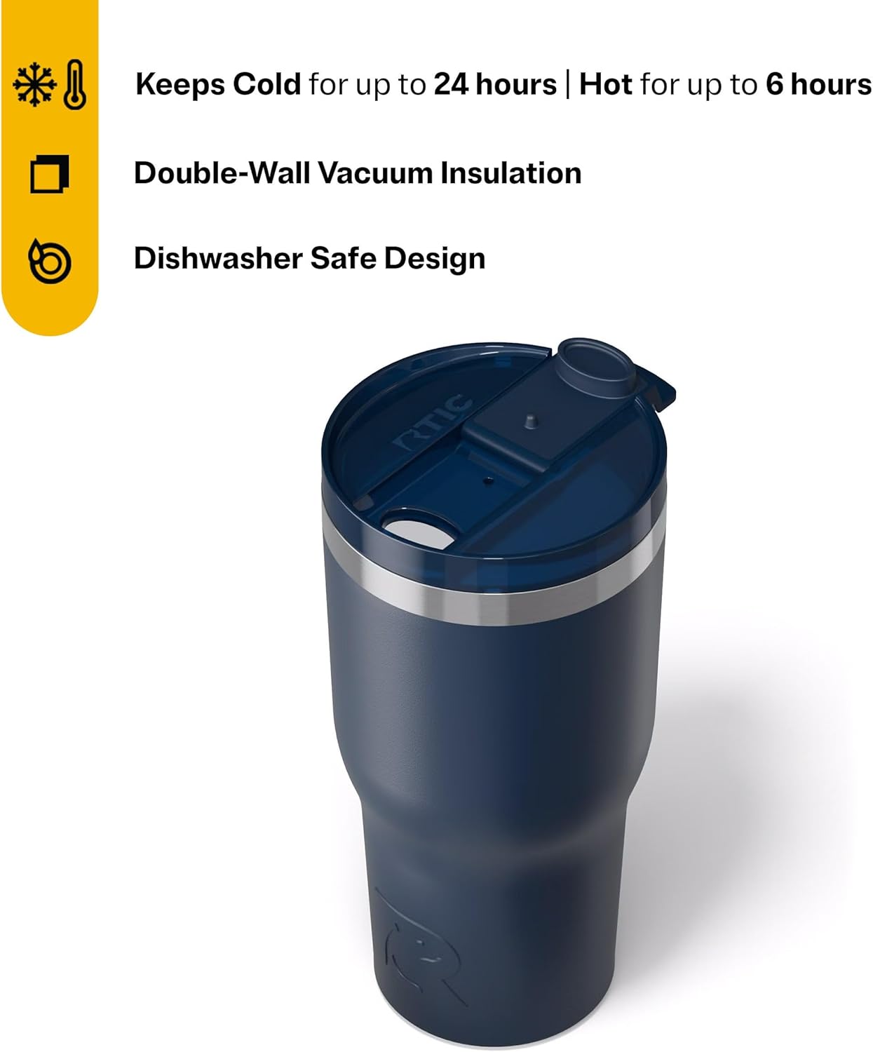 RTIC 30oz Essential Tumbler with Lid, Ceramic Lined, Insulated, Stainless Steel, Metal, Double Wall Vacuum-Insulation, Travel Cup for Iced Coffee, Tea, Hot and Cold Drink, Navy