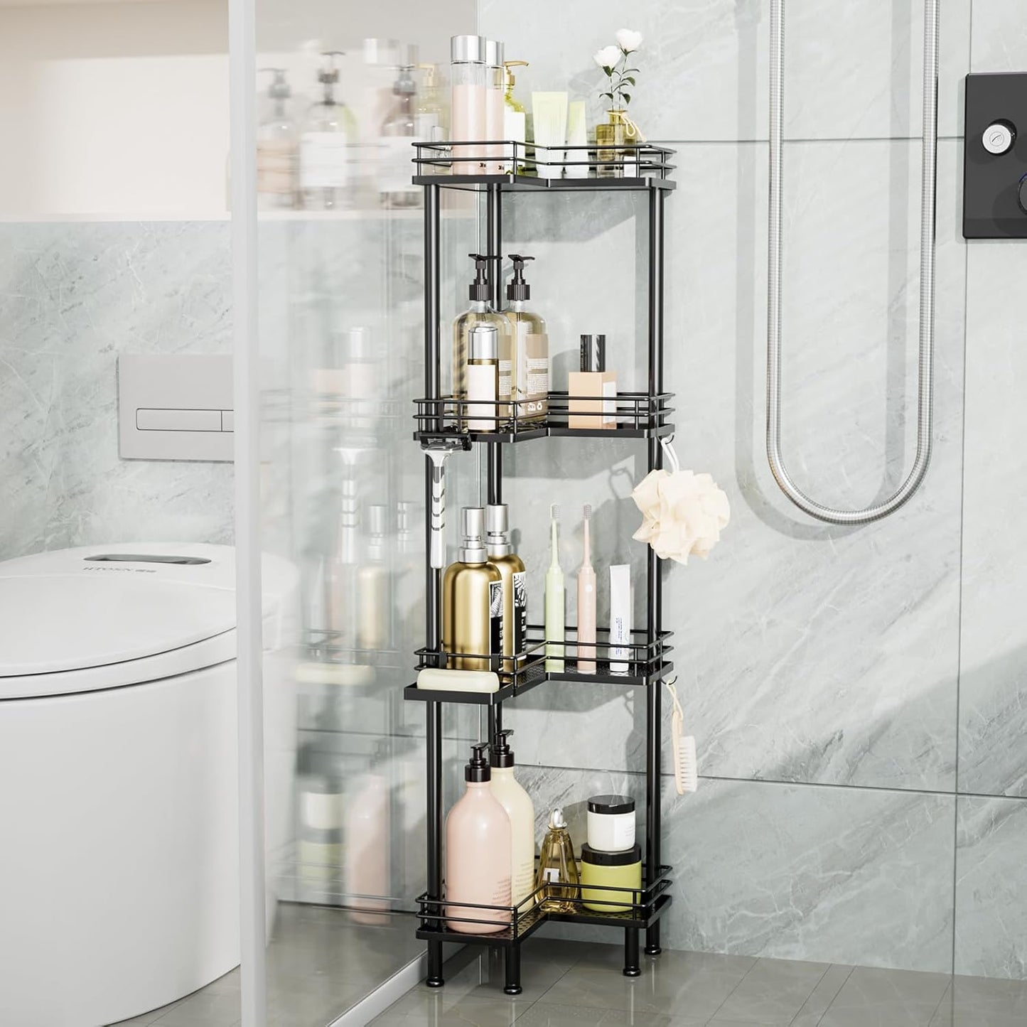 Consumest Corner Shower Caddy Standing - 4-Tier Stainless Steel Shower Organizer with Soap Holder and 4 Hooks, Large Capacity Corner Shelf Stand for Bathroom, Rest Room, Black