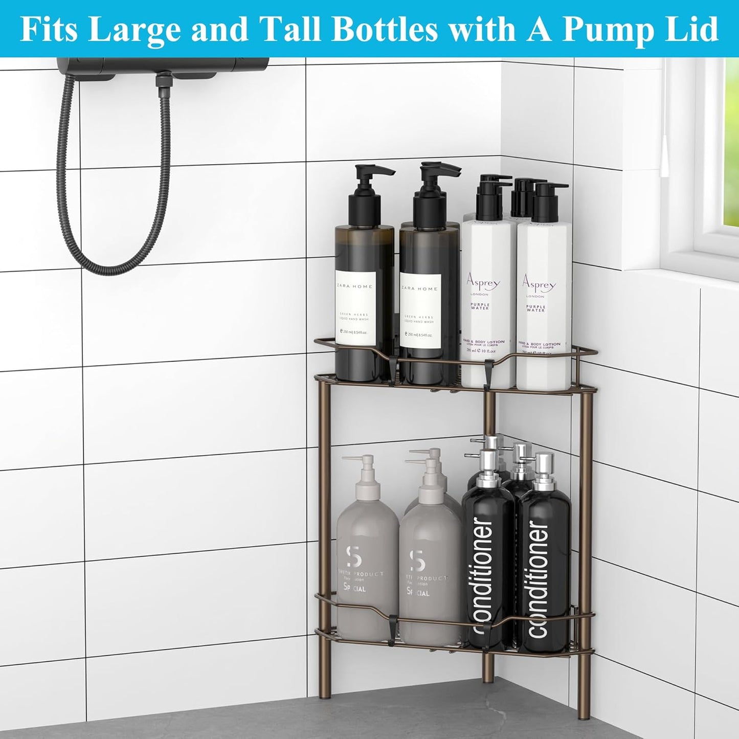 2 Tier Floor Standing Corner Shower Caddy Organizer Shelf with Hooks, Bathroom Shelves Stand Rack, Bronze