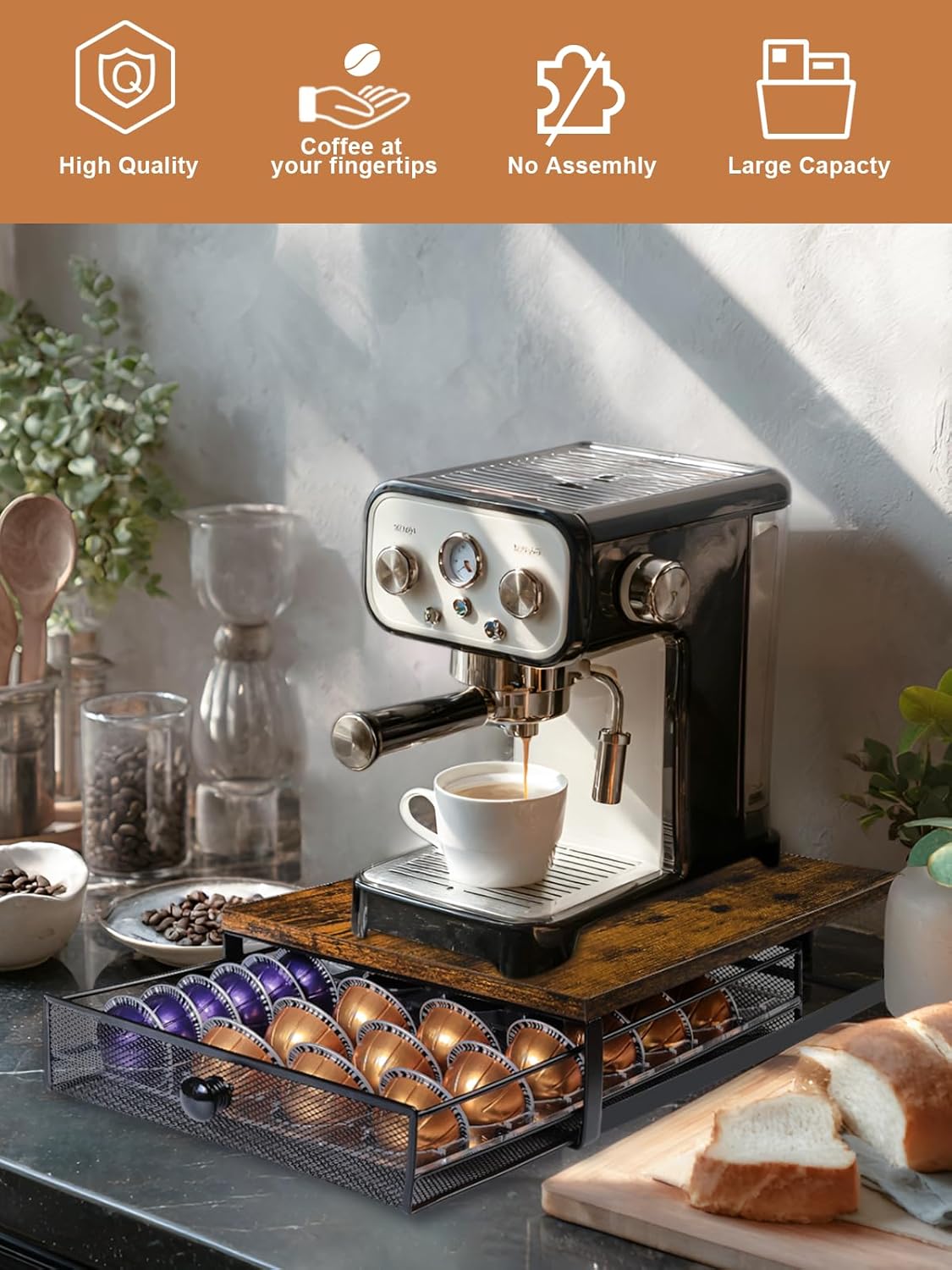 Coffee Pod Holder Drawer Organizer Vertuo Capsules Storage Organizer with Sliding Drawer Compatible For Nespresso Vertuo Pods, Holds up to 54 Small or 28 Big Vertuo Pods Rustic Brown