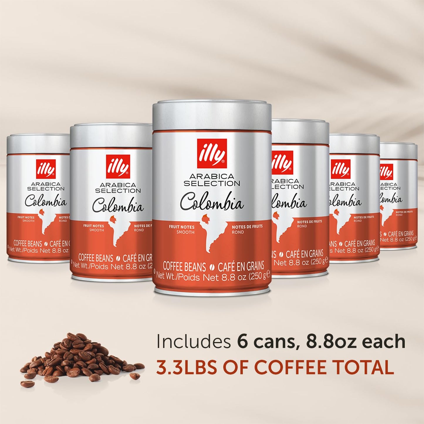 Illy Whole Bean Coffee, Colombia Medium Roast - Notes of Citrus and Red Fruits - 100% Arabica - Whole Beans - Pressurized Packaging Sealed for Freshness – 8.8oz Can (Pack of 6)